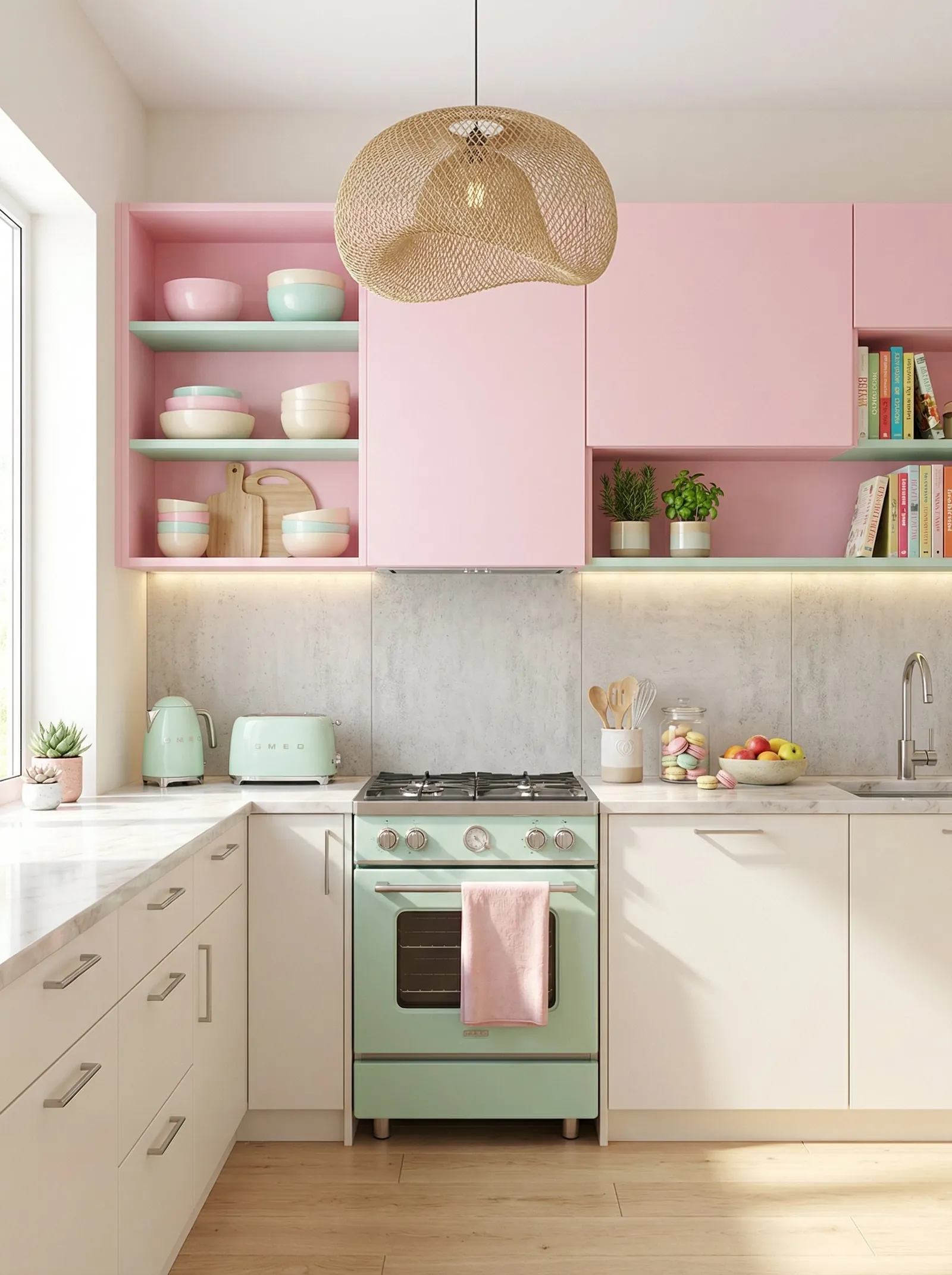 Kitchen with pink upper cabinets and mint green shelf edges, cream lower units, a marble worktop, a grey concrete-look splashback, a mint freestanding range with a pink tea towel on the rail, mint kettle and toaster, a jar of macarons, and a woven rattan pendant.