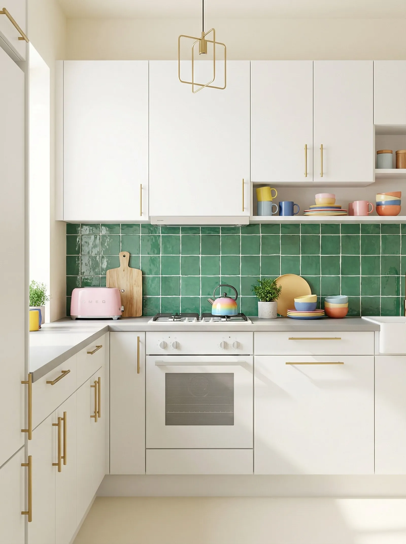 White kitchen with brass bar handles, a glossy green square tile splashback, grey worktop, brass geometric cube pendant, pink toaster, rainbow kettle and primary-coloured crockery on an open shelf.