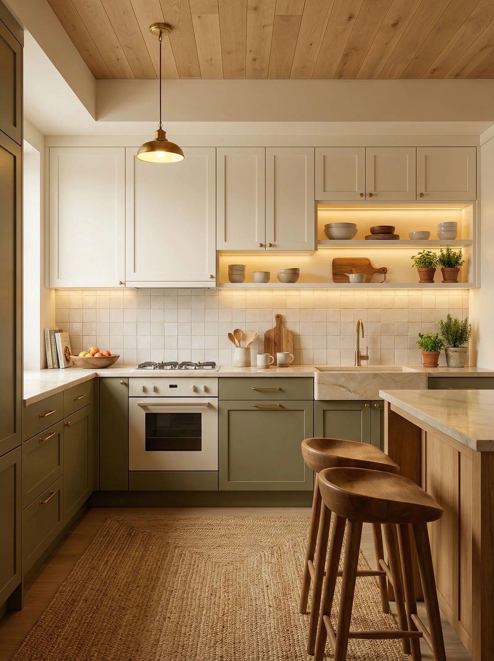 Olive green shaker base units with brass bar handles, cream shaker upper cabinets, oak plank ceiling, brass dome pendant, pale stone sink with a brass tap, open shelves lit from beneath holding bowls and terracotta herb pots, jute rug, oak peninsula with two wooden stools at the right.
