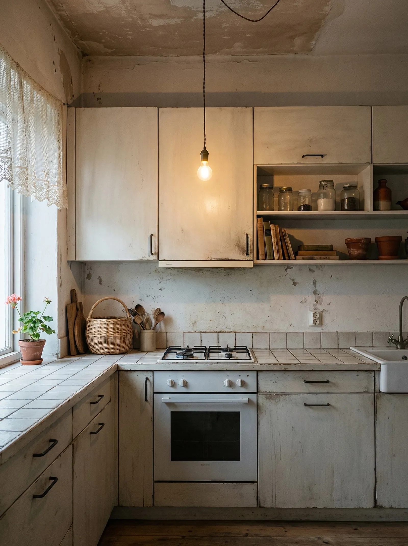 The kitchen in worn, distressed cream painted cabinets with black handles, under a patinated plaster wall and ceiling. A single bare filament bulb hangs on a twisted brown cord as the only light, a lace curtain and a red geranium in a terracotta pot sit at the left window, and a wicker basket, wooden cutting boards and a crock of wooden spoons stand on the tiled counter. A white tile splashback and worktop wrap the corner, an open shelf holds mason jars, old books and terracotta pots, and a white gas cooker sits below with a ceramic sink to the right over a wood floor.