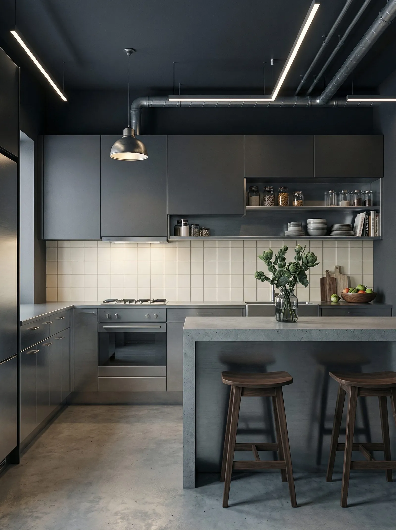 The kitchen in charcoal flat-slab doors top and bottom, under a near-black ceiling with exposed grey ductwork and linear LED strip lights. A cream square-tile splashback sits behind a stainless gas hob and integrated oven, a grey concrete worktop wraps into a small peninsula with two dark wood stools, and an open shelf holds glass jars, grey bowls, plates and cookbooks. A single dark metal dome pendant hangs over the hob, a glass vase of green artichoke flowers sits on the peninsula, and the floor is polished concrete.