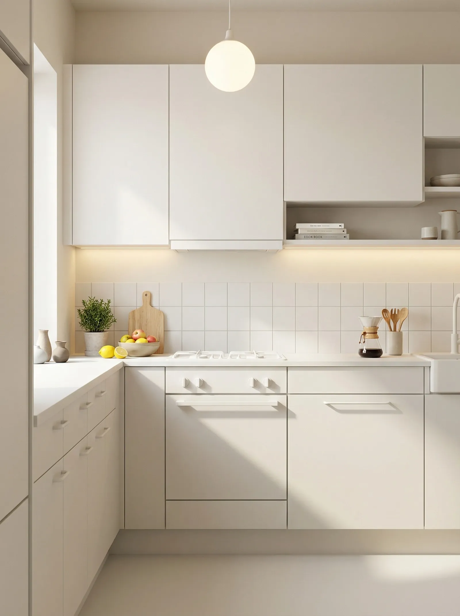 Near all-white kitchen with warm off-white flat-slab doors, slim recessed notch pulls, a white square grid tile splashback, a white worktop, white integrated oven and cooktop with white controls, an opal globe pendant, a niche with books and a fruit bowl.