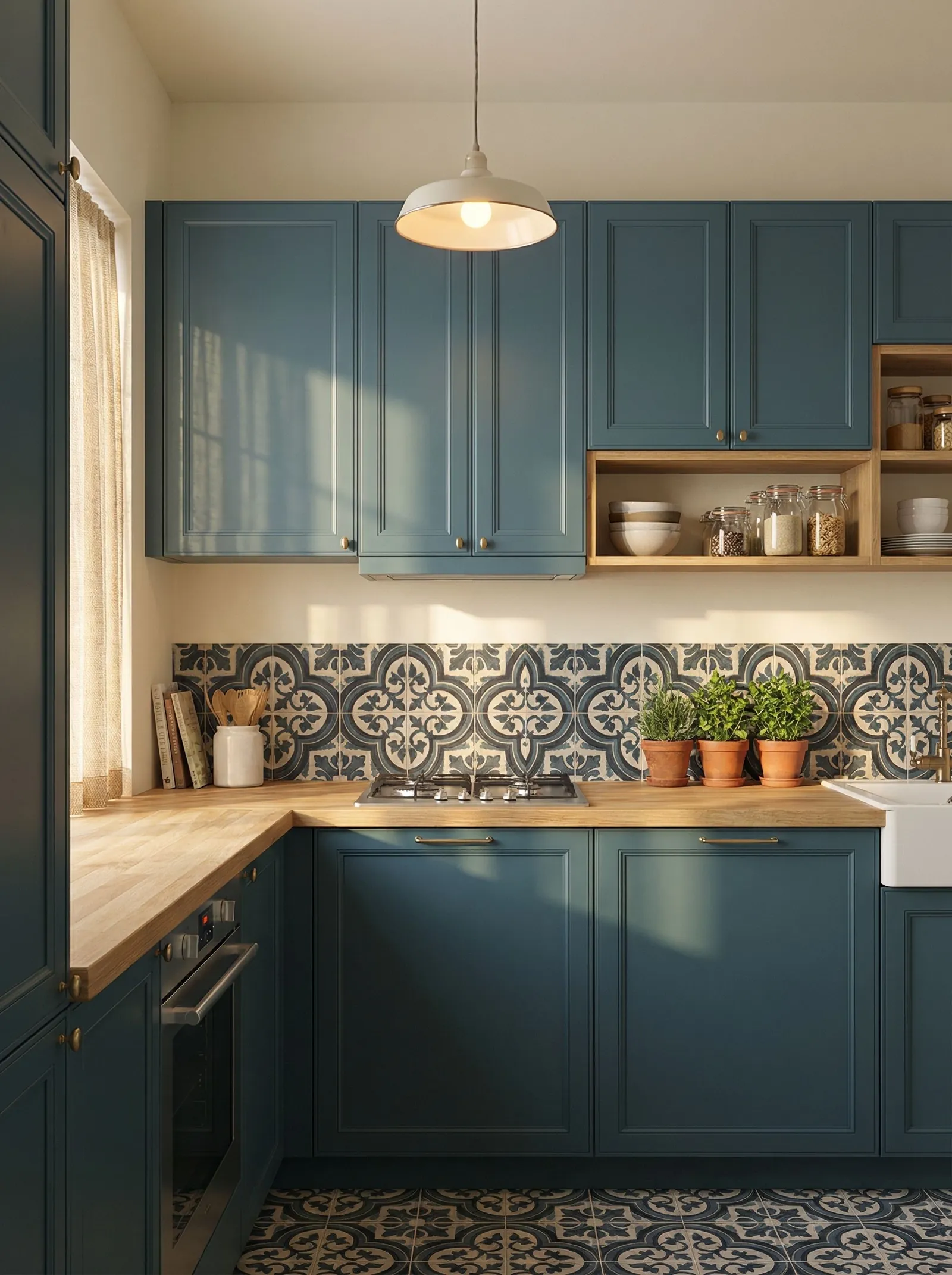 Petrol-blue raised-panel cabinets with aged brass bar handles and knobs, a solid oak butcher-block worktop, a blue-and-white patterned encaustic tile splashback that continues onto a matching patterned cement floor, a white dome pendant, open oak shelves with glass storage jars and bowls, potted herbs in terracotta pots on the counter, a linen café curtain at the window and a white sink at the right.