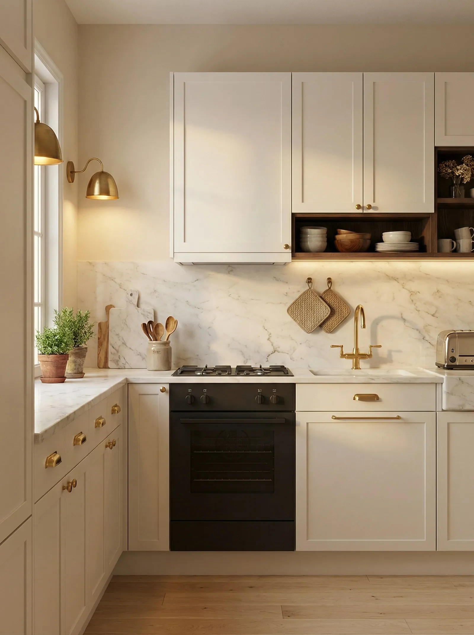 Cream shaker cabinets with brass cup handles and knobs, white marble worktop running up the wall as a single slab splashback, two brass swan-neck wall sconces near the window, brass bridge tap, black oven under a gas hob, walnut open shelf boxes with bowls, terracotta herb pots, gold toaster, pale oak floor.