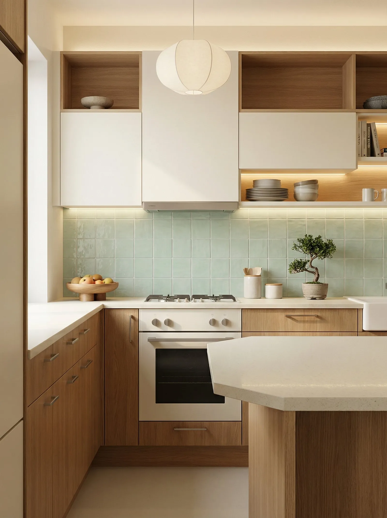 Kitchen with pale oak lower doors, white upper cabinets, a mint green glazed square tile splashback, a cream speckled stone worktop, a white paper lantern pendant, warm strip lighting under the shelves, a bonsai in a stone pot, a wooden fruit bowl of apples, a white oven and hob.