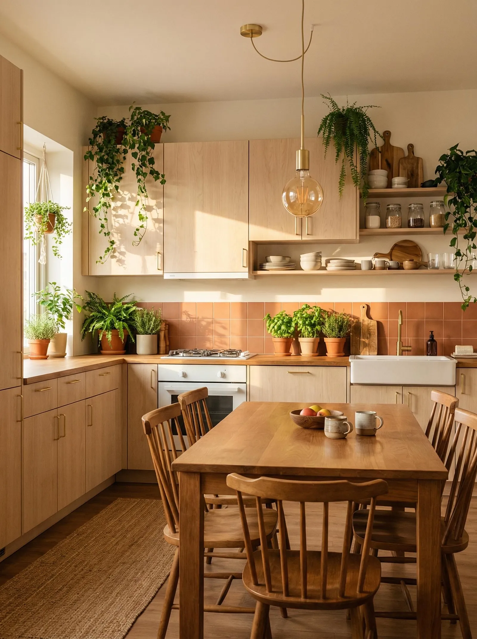 Kitchen with birch plywood doors, brass handles, terracotta square tile splashback, oak worktop, butler sink, brass tap, exposed filament pendant, ferns and ivy, and an oak table with spindle chairs.