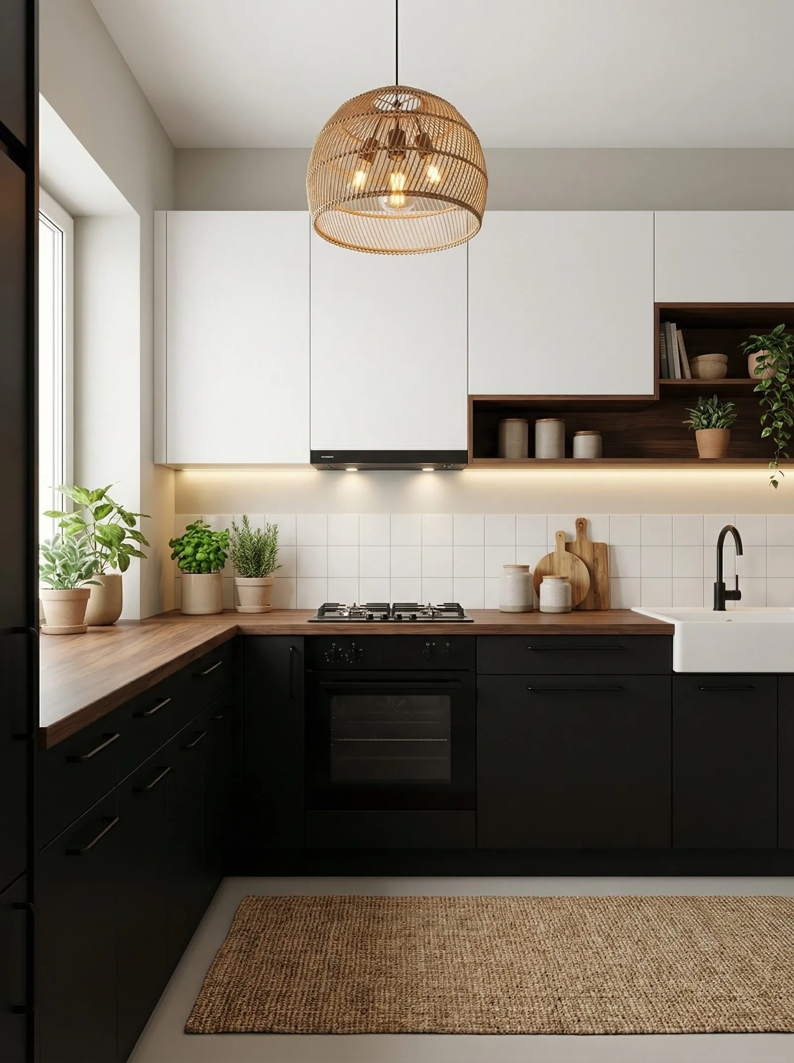 Kitchen with matt black lower cabinets, white upper cabinets, walnut worktop, white square tile splashback, black tap, white belfast sink, rattan dome pendant and a jute rug on a pale floor.
