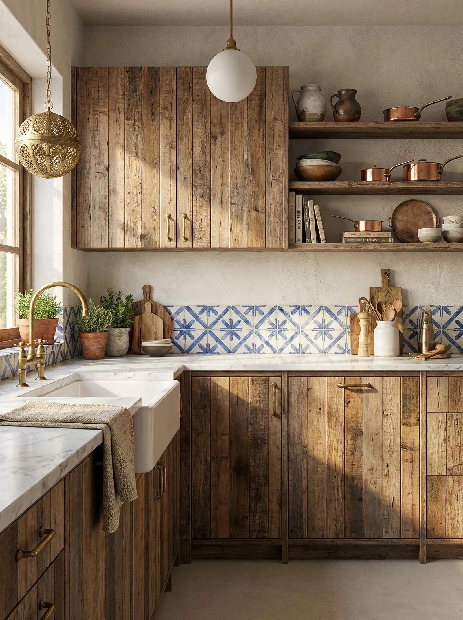 Galley kitchen with reclaimed plank cabinet doors, a marble worktop, a white butler sink under a brass bridge tap, a band of blue and white hand-painted tile, copper pans on timber shelves and a pierced brass lantern by the window.