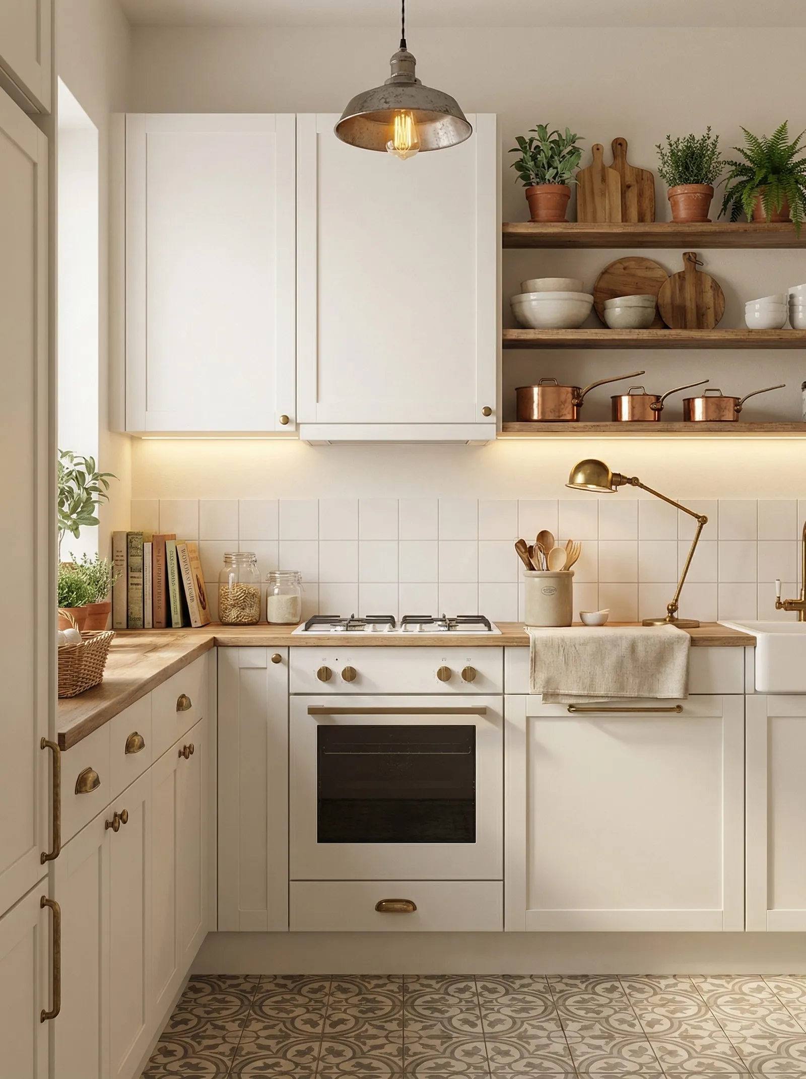 Cream shaker cabinets with aged brass cup handles, oak block worktop, plain white square tile splashback, reclaimed wood shelves holding copper pans and terracotta herb pots, galvanised metal barn pendant, brass anglepoise lamp on the counter, patterned cement floor tile, white butler sink at the right.