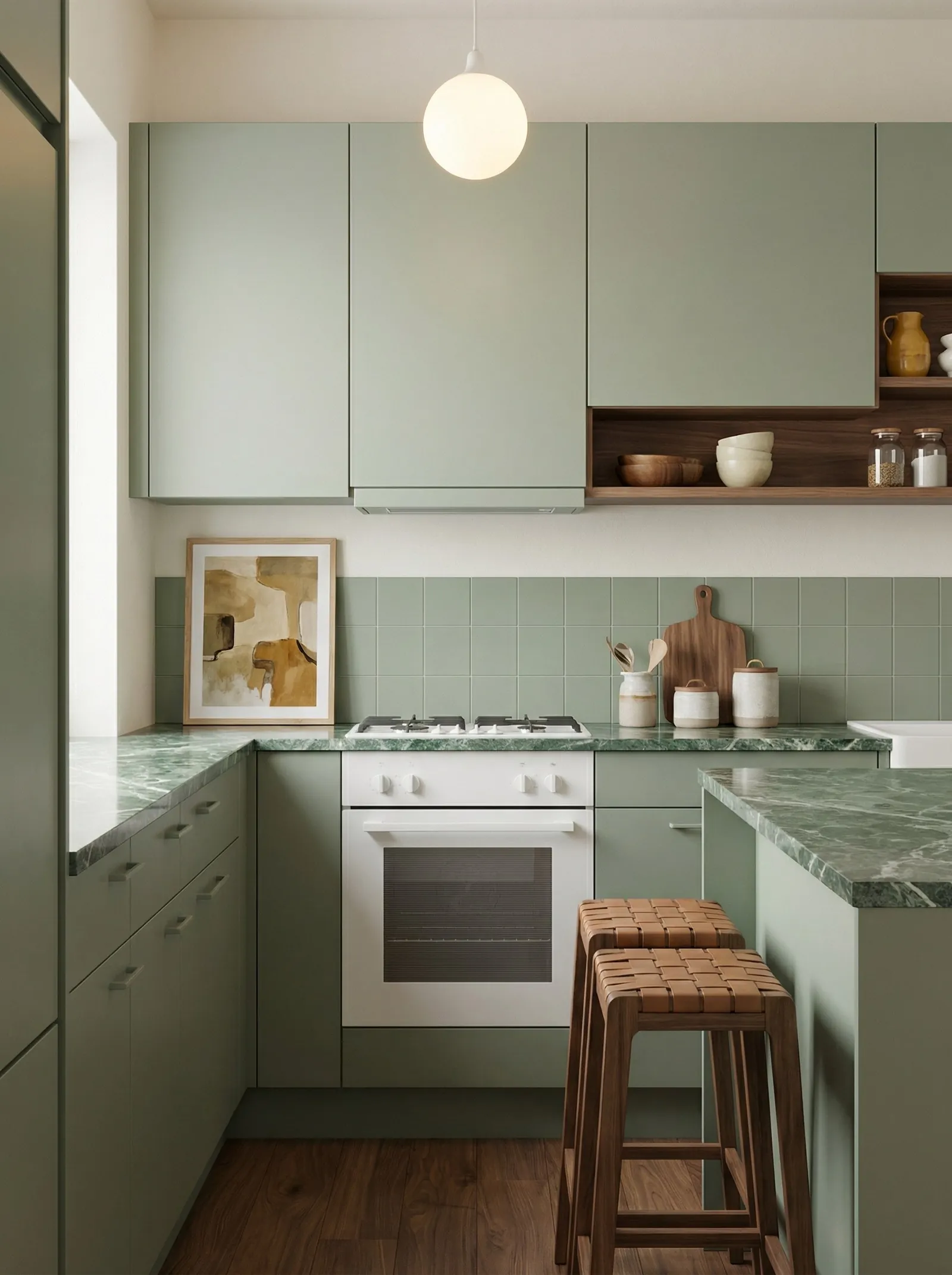 Sage green slab cabinet doors with routed finger pulls and no handles, sage square tile splashback, green marble worktops, walnut open shelf boxes, a white hob and white oven, a single opal globe pendant, woven leather stools, walnut floor.