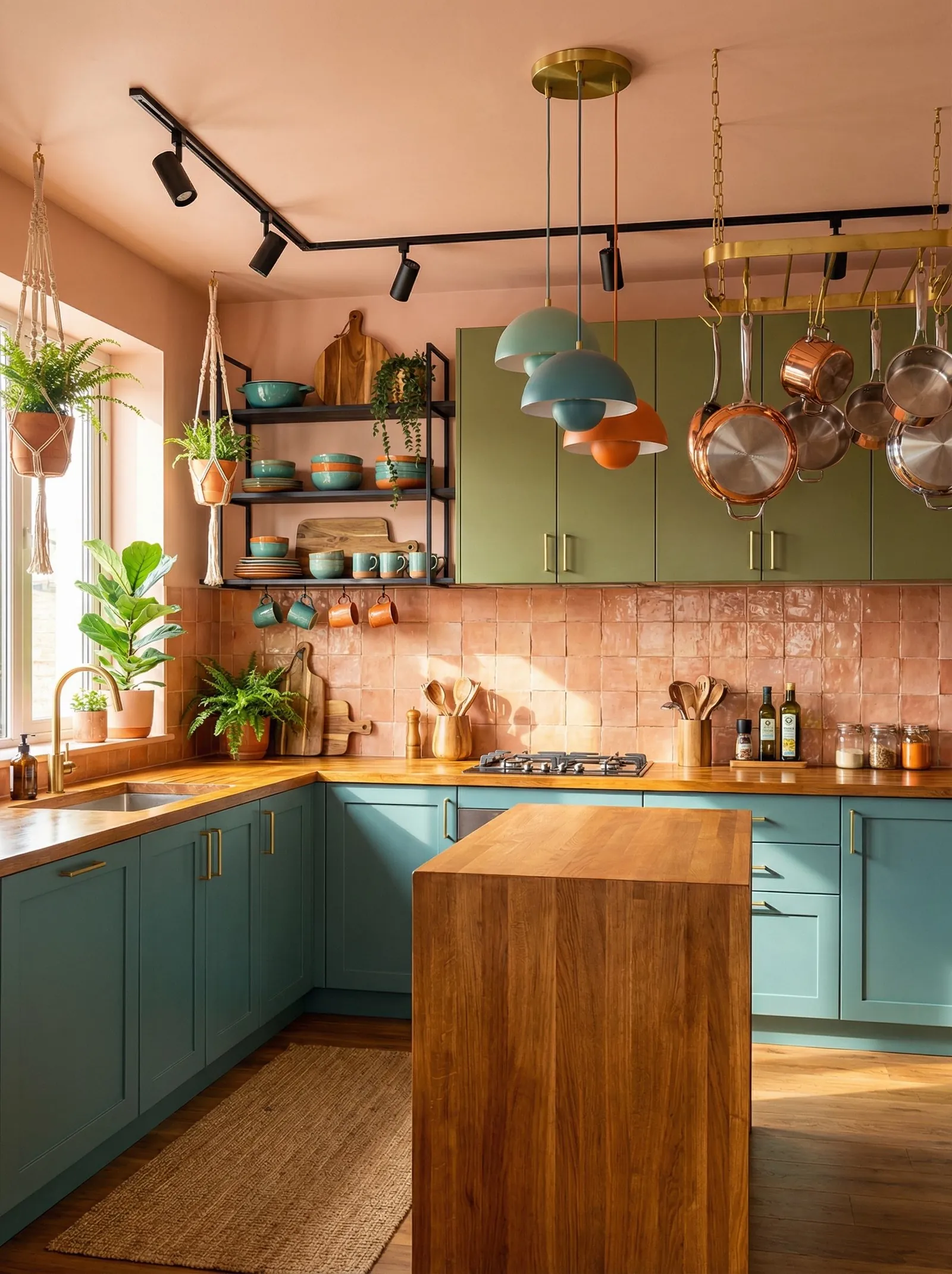 The galley in sage-green shaker lower units and olive upper cabinets, with a terracotta zellige splashback, butcher-block worktops and a solid wood island. A blush-pink ceiling, teal-and-orange Flowerpot pendants, a brass rack hung with copper pans, black open shelves of teal ceramics and macrame plant hangers.