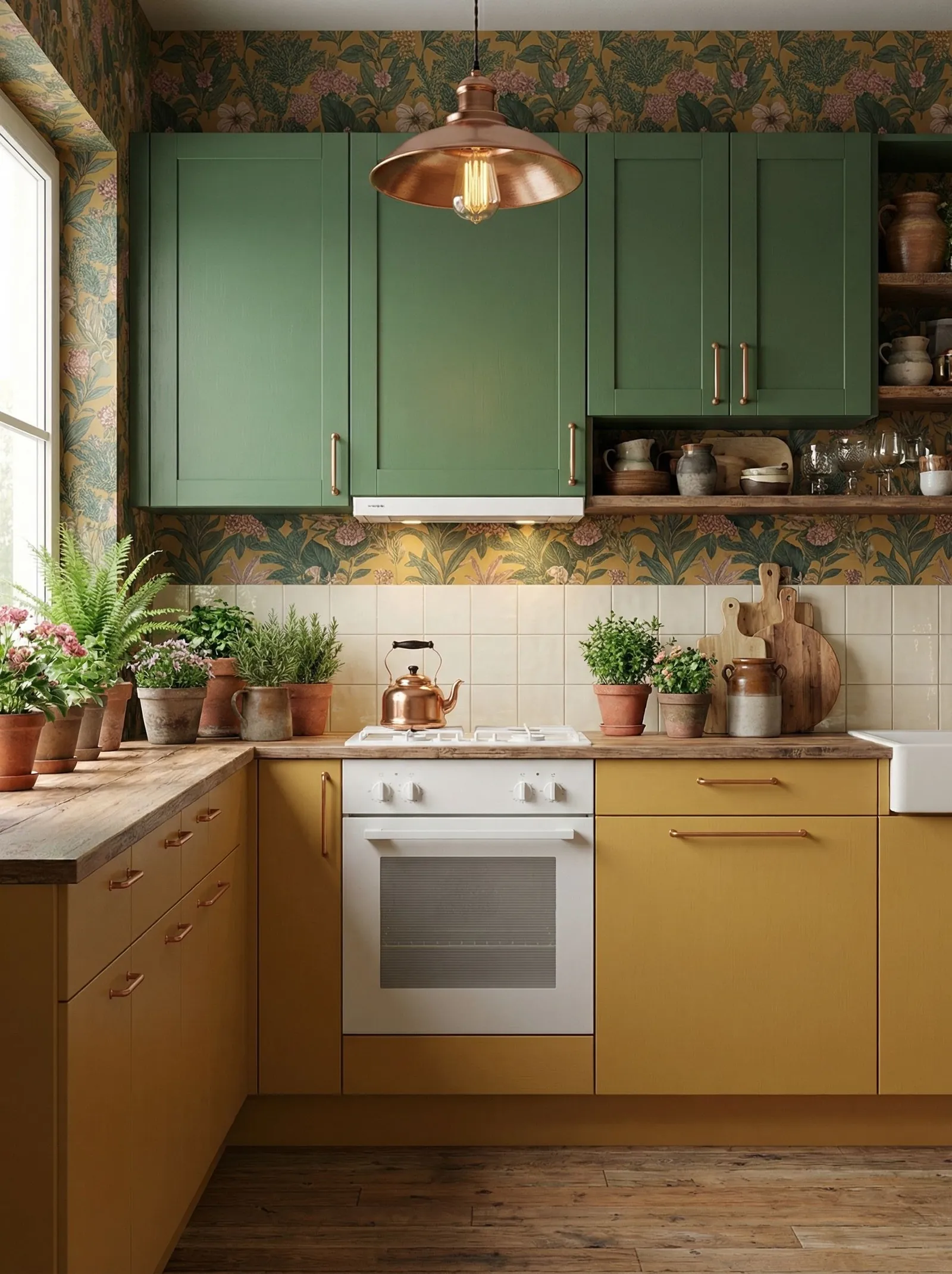 Sage-green shaker upper cabinets over mustard-yellow base units, botanical floral wallpaper in yellow, green and pink, a cream square tile splashback behind the hob, a dark wood worktop, brushed copper bar handles, a copper dome pendant, a copper kettle, open wood shelves with stoneware jugs, and a counter crowded with ferns and herbs in terracotta pots by the window.