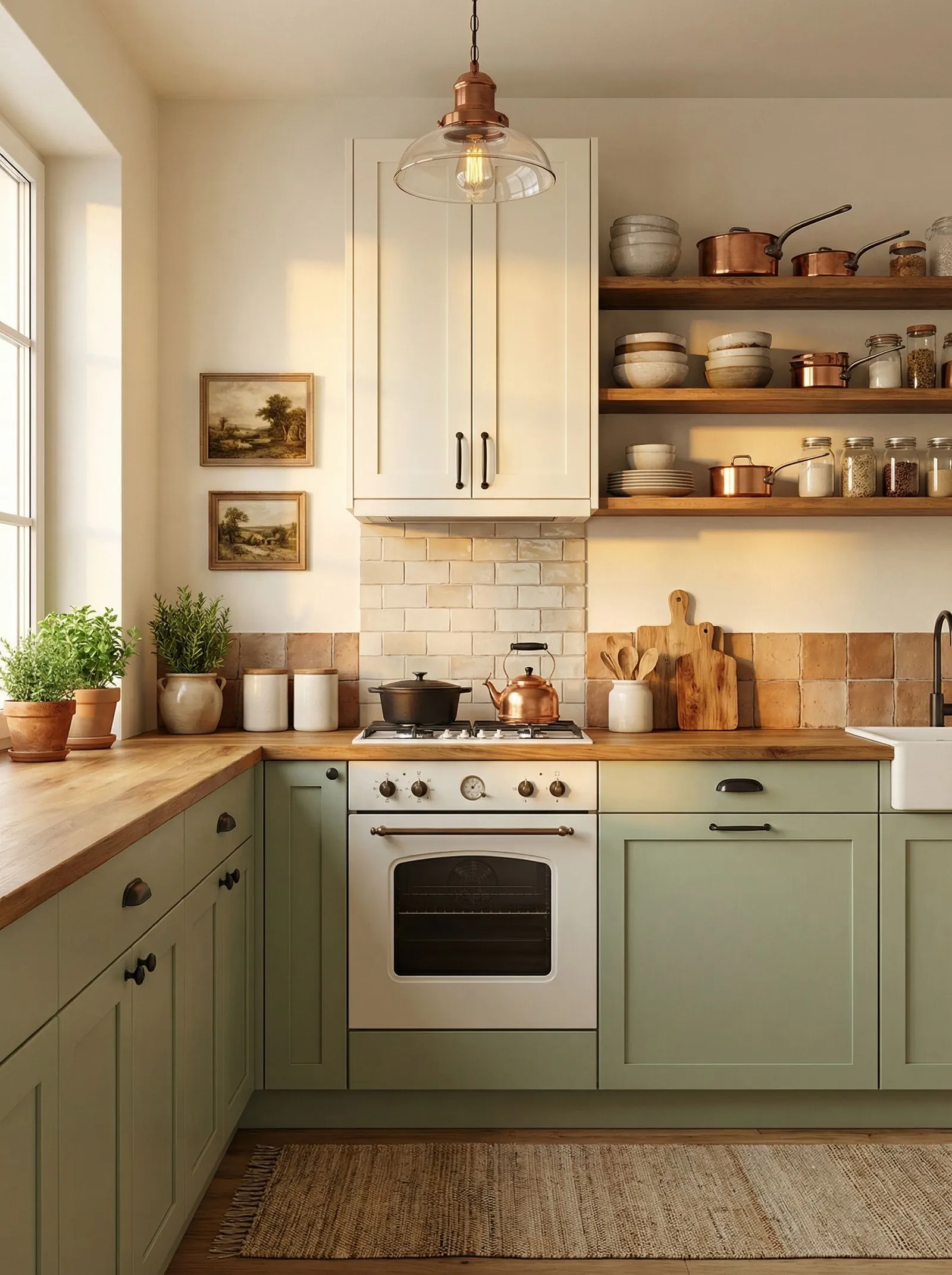 Kitchen with sage green shaker base units, a cream shaker cupboard over the extractor, an oak butcher block worktop, terracotta square tile with a cream brick panel behind the hob, copper pans and glass jars on oak shelves, two small framed landscape paintings and a jute runner.