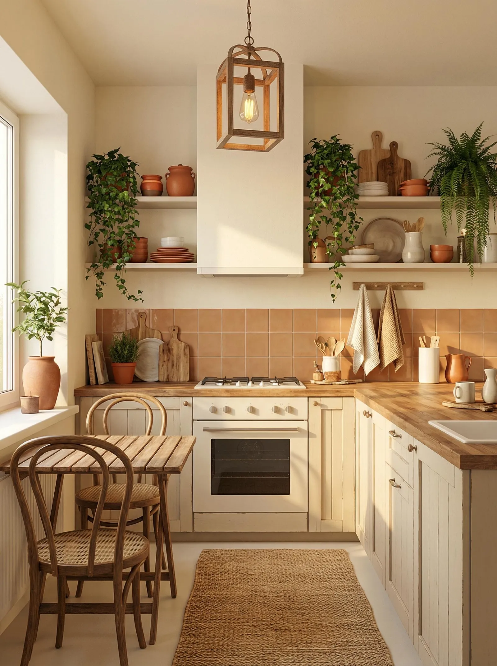 Painted cream tongue-and-groove cabinets with a lightly distressed finish, a warm terracotta square tile splashback, an oak butcher-block worktop, a white built-in oven, a wood-framed lantern pendant, open white shelves holding terracotta pots with trailing ivy and ferns, wooden boards and stoneware, two bentwood chairs at a small wood table by the window, a jute runner and a white sink at the right.