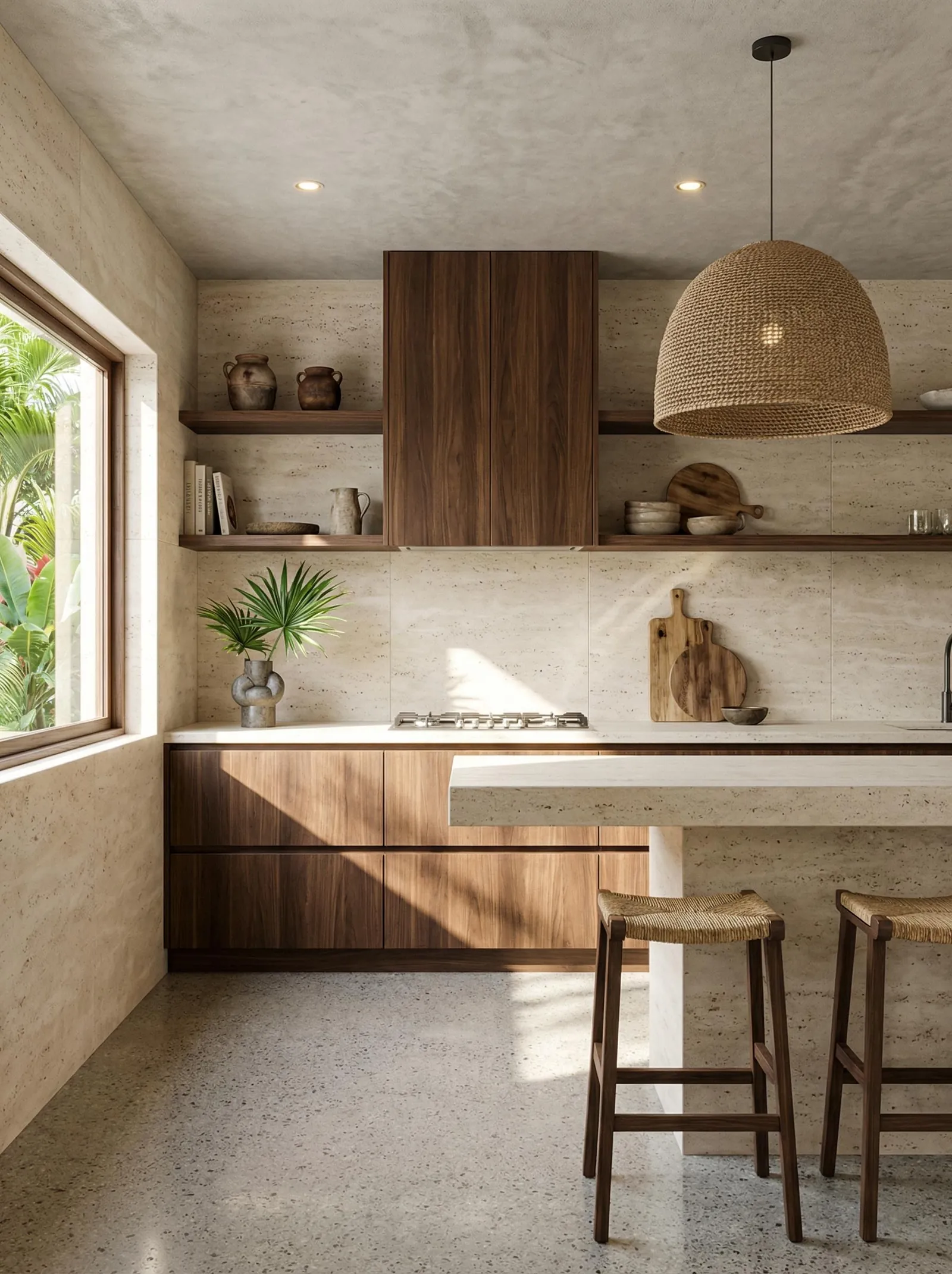 The same galley in walnut flat-front cabinets with no handles, wrapped in travertine walls, splashback and a waterfall-edge stone island. A woven rattan dome pendant, woven-seat timber stools, a fan palm in a stone vase, a polished terrazzo floor and a tropical garden through the window.