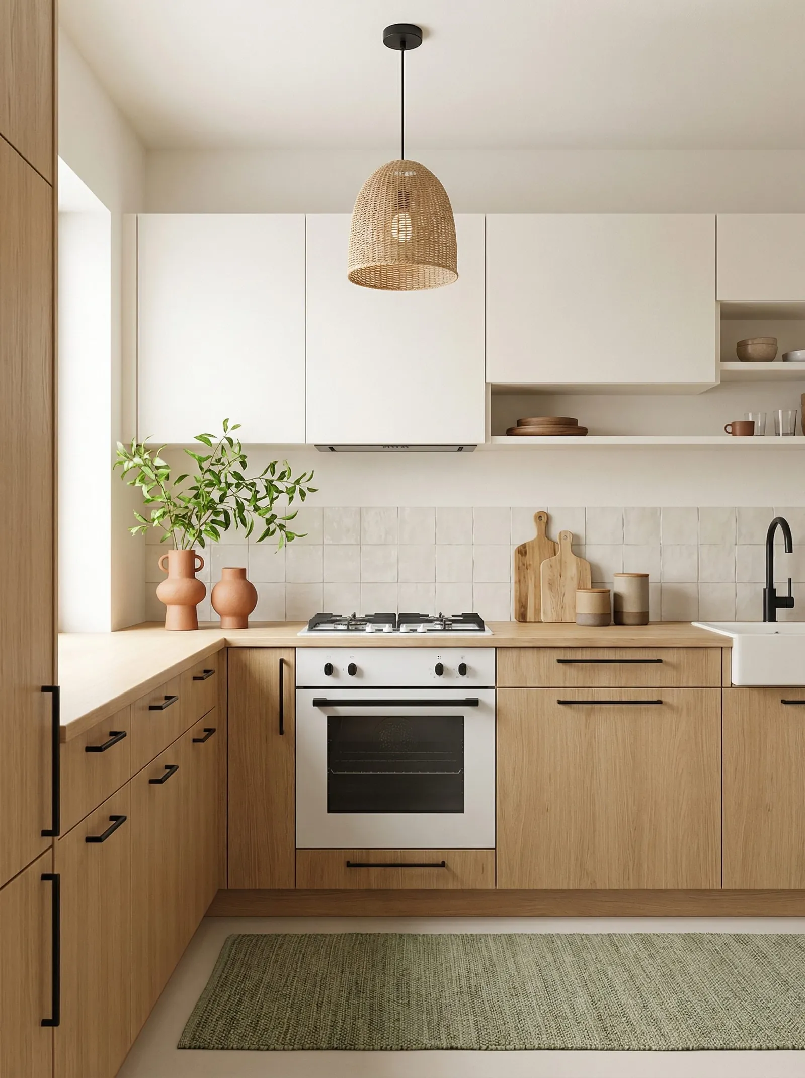 Kitchen with pale oak lower doors and long black bar handles, cream flat upper cabinets, an oak worktop, an off-white hand-glazed square tile splashback, a rattan bell pendant, two terracotta vases holding a leafy branch, a black tap, a white sink and a sage green runner on the floor.