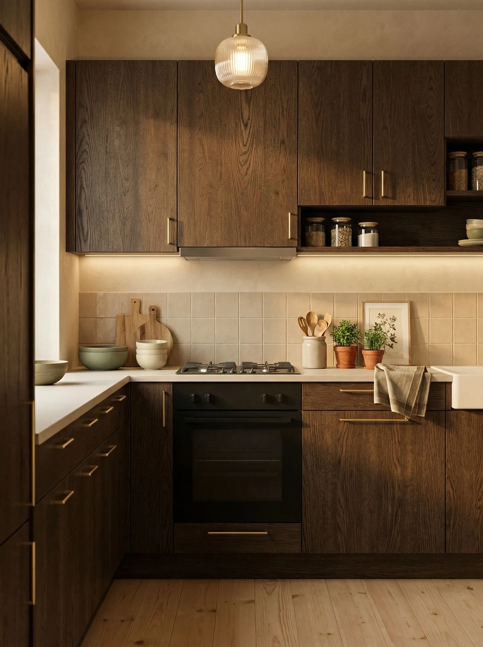 Kitchen with dark smoked oak doors on upper and lower units, slim brass edge pulls, a pale limestone-look worktop, cream square tile, a ribbed amber glass pendant, a warm LED strip under the cabinets, sage bowls and terracotta herb pots, and wide pale pine floorboards.