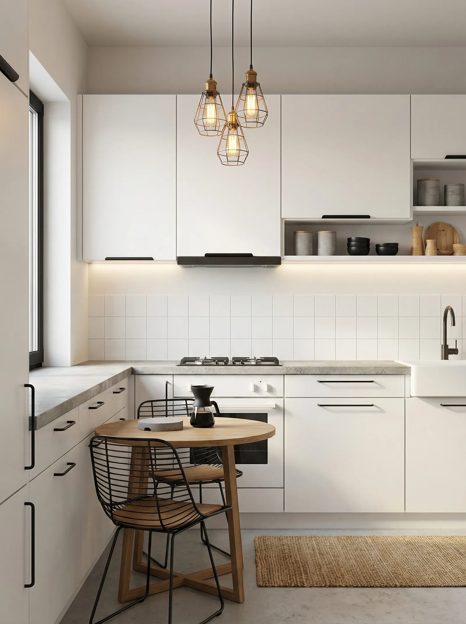 All-white kitchen with black bar handles, white square tile with grey grout, grey concrete-look worktop, black-framed window, three caged filament pendants, black tap, polished concrete floor and a round oak table with black wire chairs.