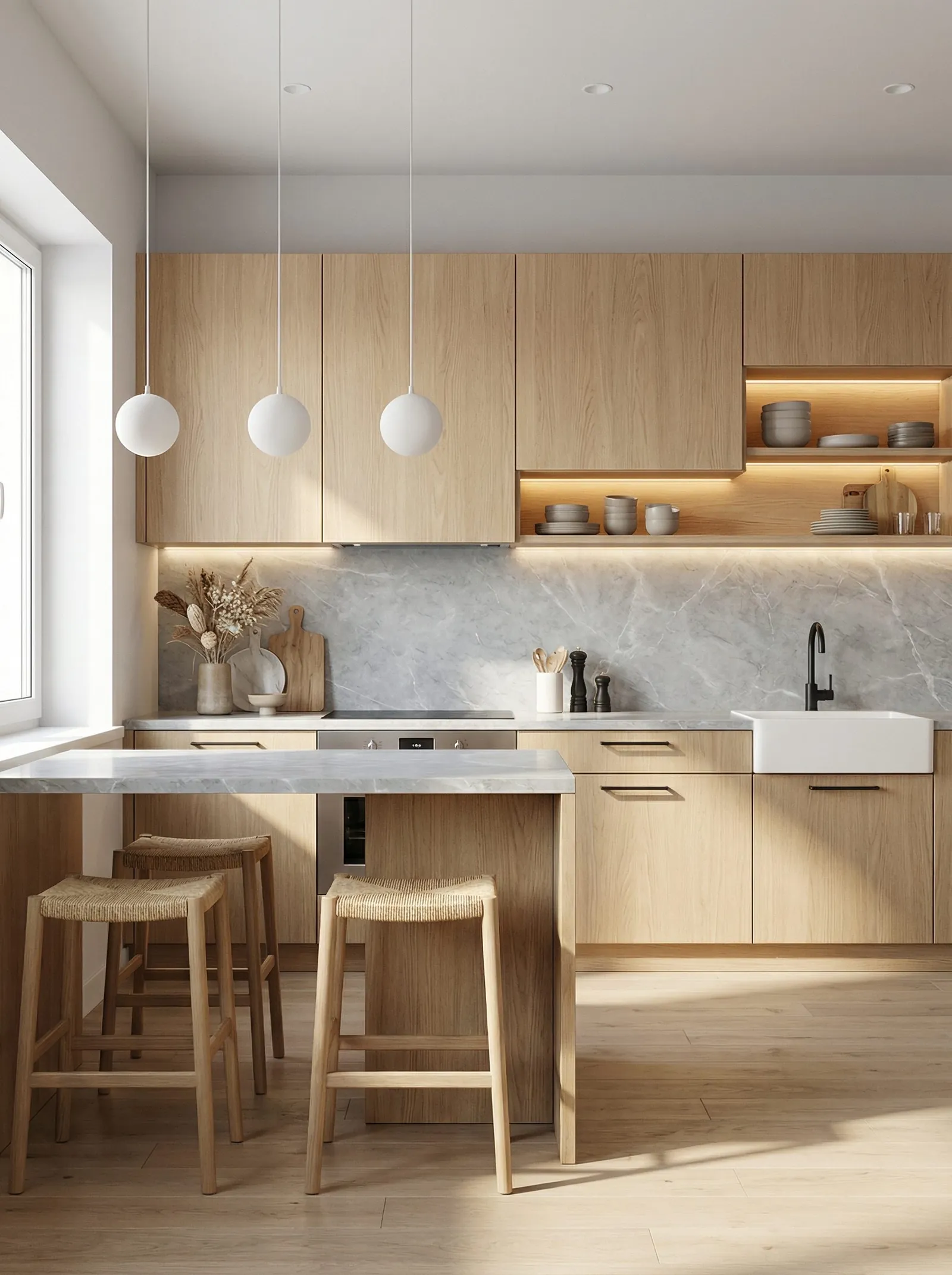 The galley in pale oak flat-front cabinets with a grey marble worktop and matching marble splashback. Three white glass globe pendants, a white farmhouse sink with a black tap, woven-top oak stools at an oak island, warm under-cabinet lighting and dried grasses on the counter.