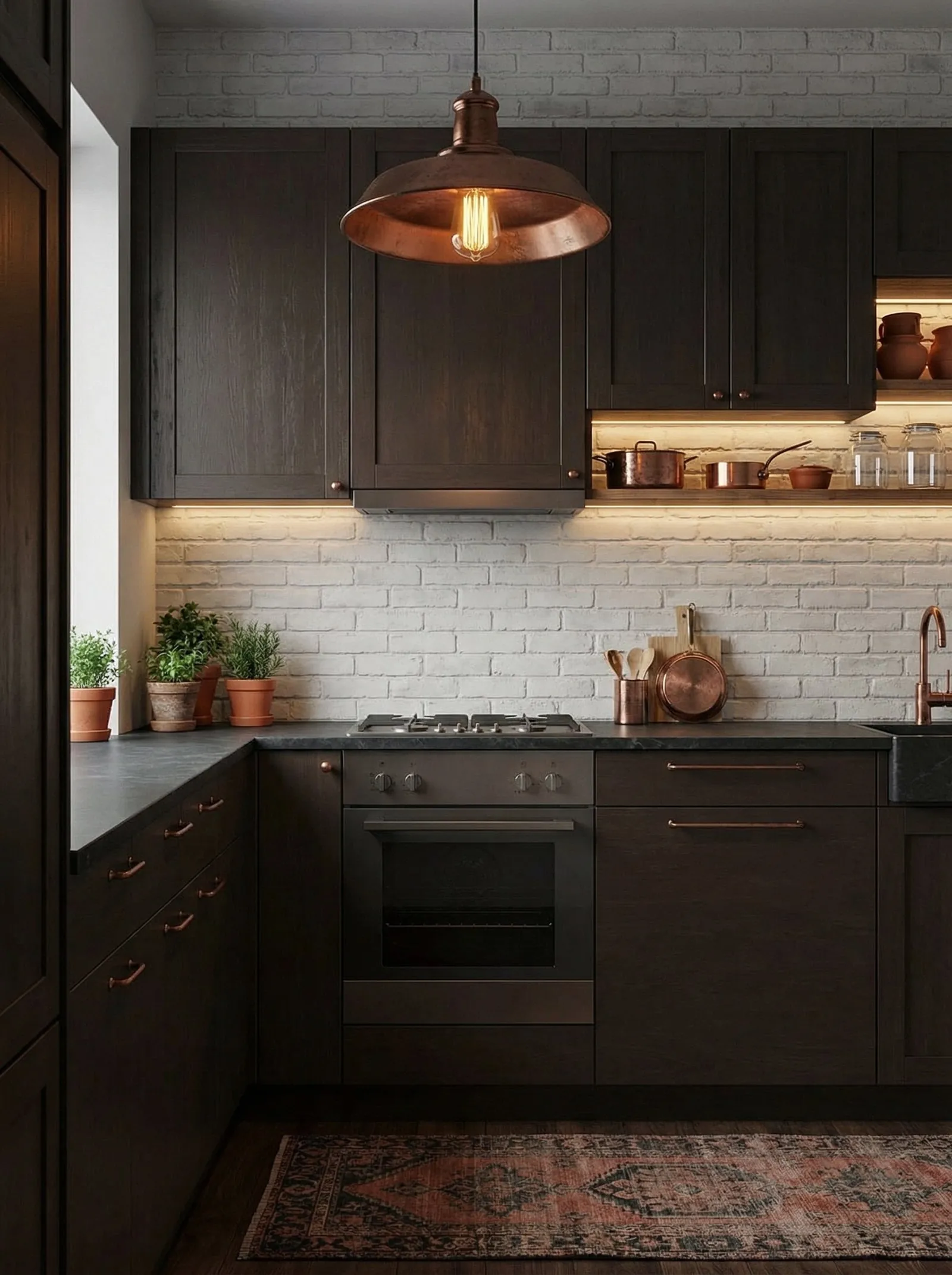 Kitchen with near-black stained shaker doors, copper bar pulls and a copper tap, a honed black stone worktop, whitewashed brick from worktop to ceiling, a large copper barn pendant with a filament bulb, copper pans on a lit shelf and a faded red Persian runner.