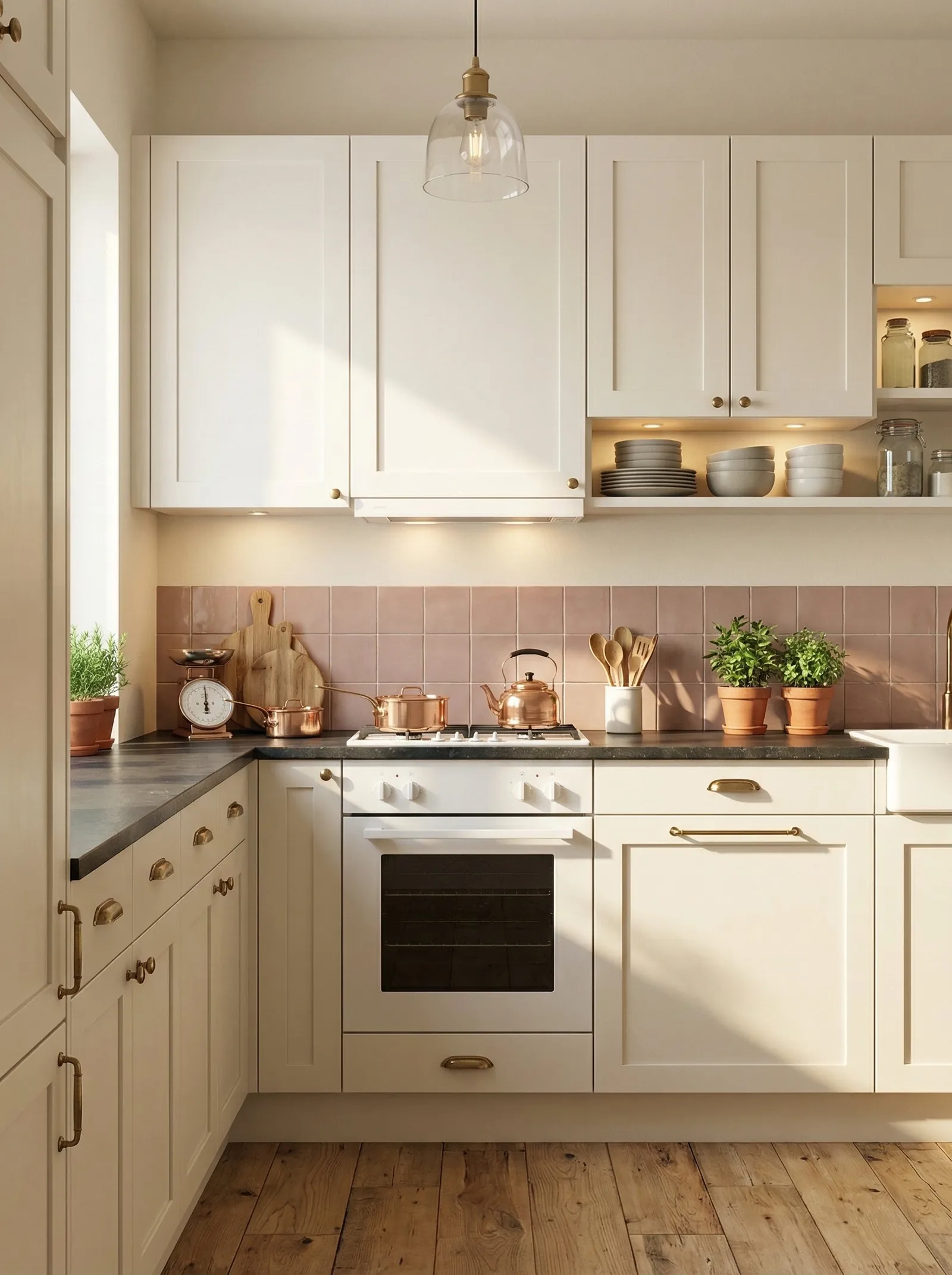 Cream shaker cabinets with brass cup pulls and knobs, dark speckled stone worktop, dusty pink square tile splashback, clear glass bell pendant with brass fitting, vintage brass kitchen scale, copper pan and copper kettle on a white hob, white oven, lit open shelf with grey bowls, terracotta herb pots, wide rustic oak plank floor.
