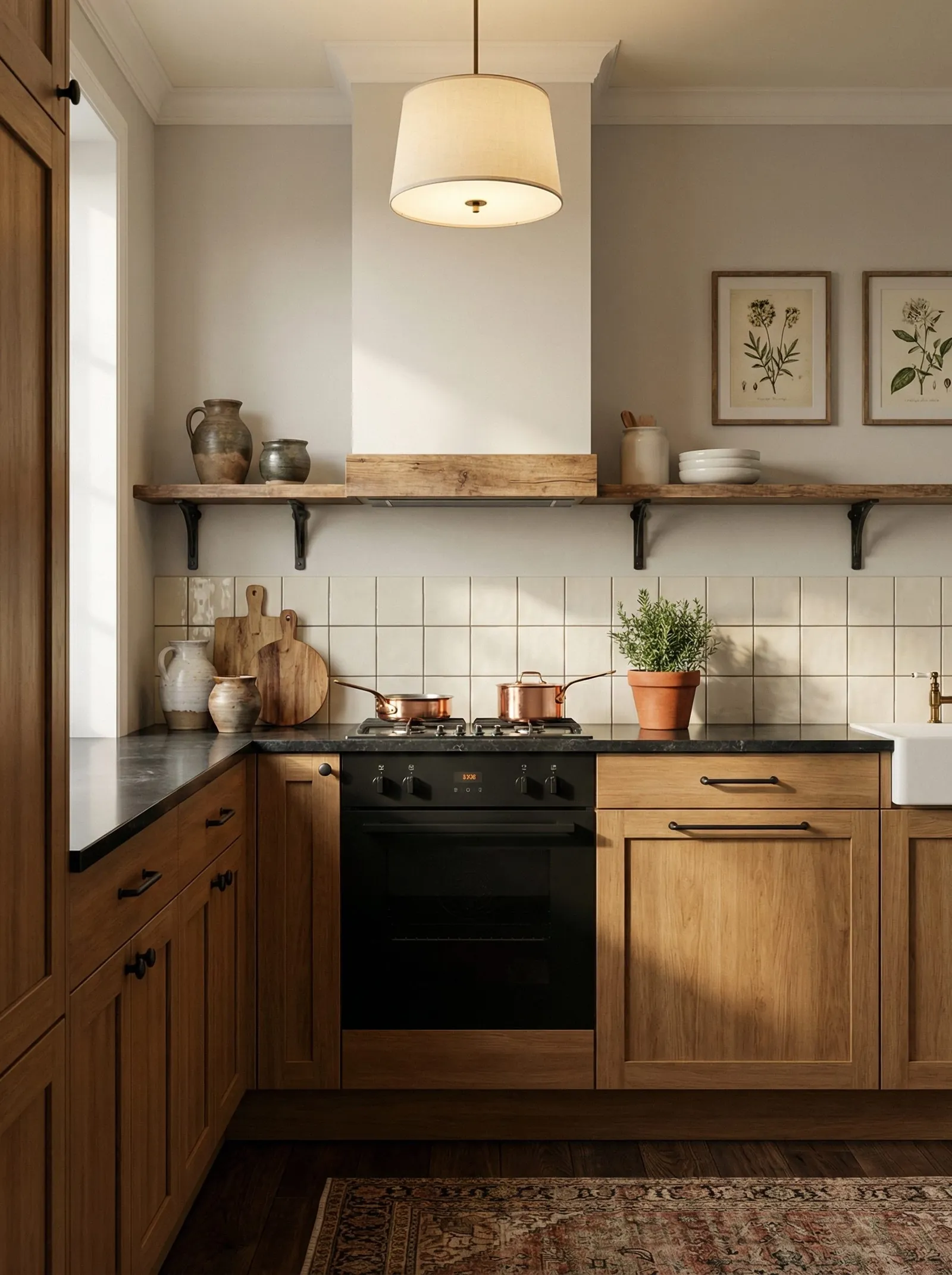 Mid-brown oak shaker cabinets with matte black handles, black soapstone worktop, cream square tile splashback, a single reclaimed wood shelf on black iron brackets running the full wall, plaster chimney hood with a wood mantel, linen drum pendant, framed botanical prints, black oven, copper pans, butler sink, dark stained boards and a faded Persian runner.