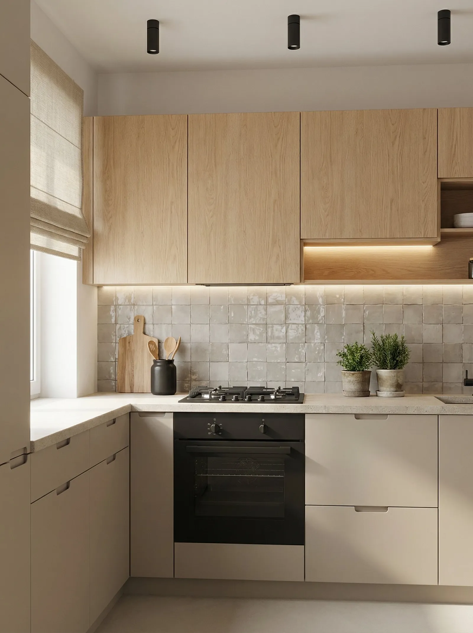 Kitchen with warm oak wood-grain upper cabinets over putty-grey handleless lower cabinets with routed grip pulls, an off-white handmade zellige tile splashback, a speckled cream stone worktop, a black built-in oven, black gas hob, black cylinder ceiling spots, a linen roman blind and two potted herbs.