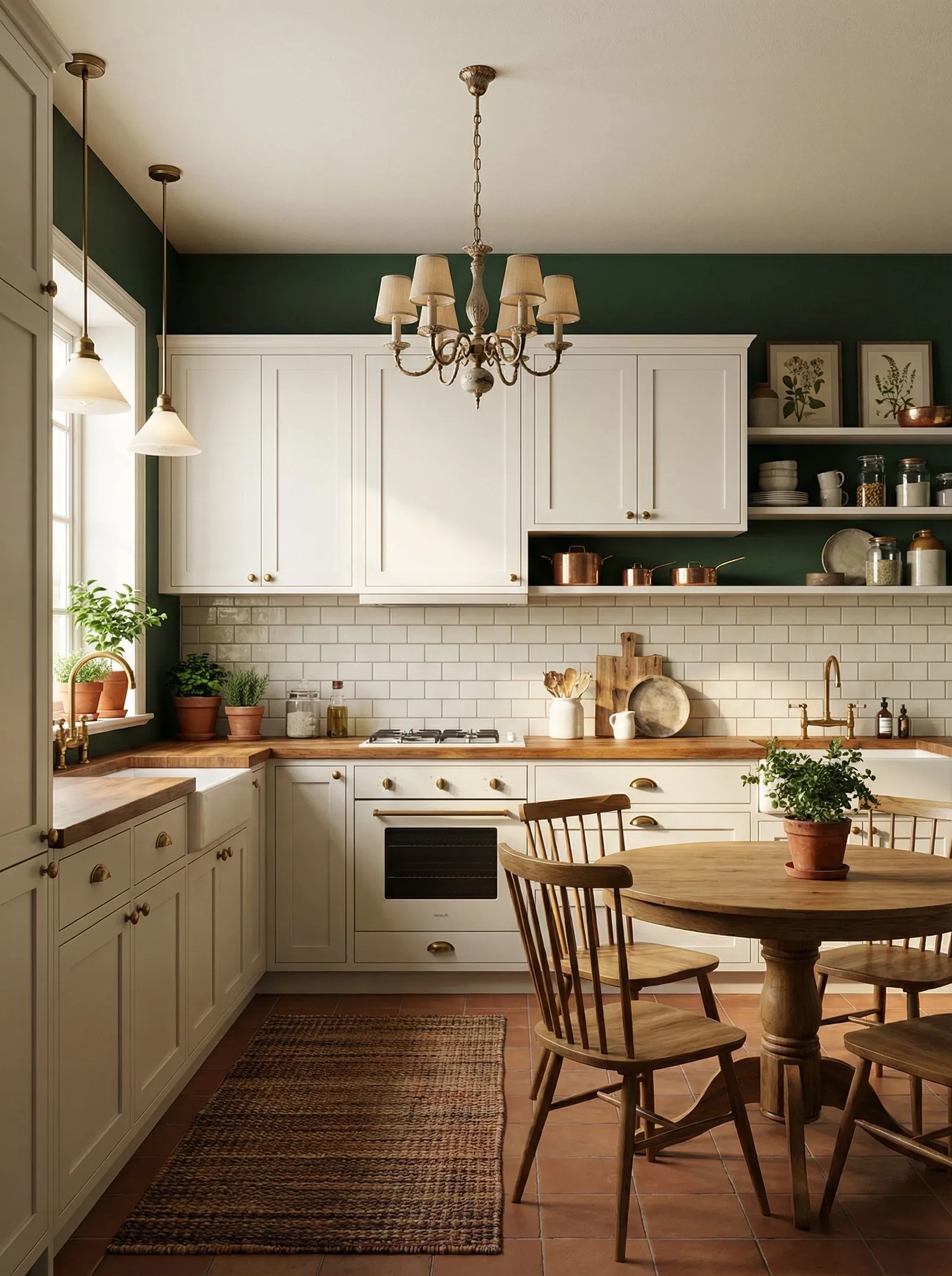 Kitchen with dark green walls above white brick tile, cream in-frame cabinets, oak worktop, brass bridge taps over two white butler sinks, a wooden chandelier with linen shades, two glass pendants by the window, copper pans on open shelves, botanical prints, terracotta quarry tile floor, jute runner, round oak pedestal table with spindle chairs.