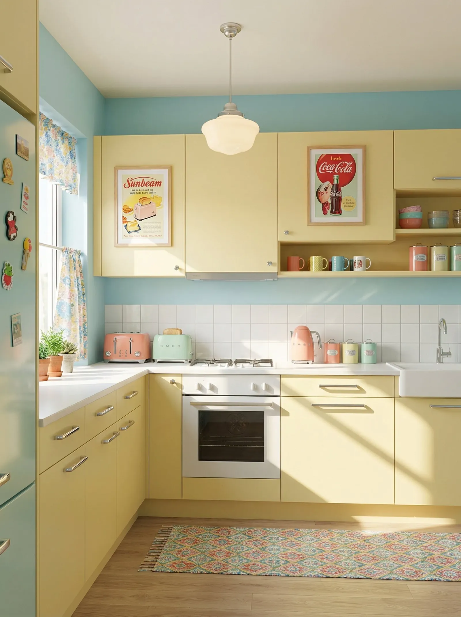 Kitchen with butter yellow cabinet doors and chrome bar handles, pale blue walls, a floral cafe curtain at the window, framed Sunbeam and Coca-Cola advertisements, a white schoolhouse pendant, the original white square tile splashback, a white worktop, a coral kettle and coral toaster, pastel canisters, a mint fridge with magnets, and a patterned rug.