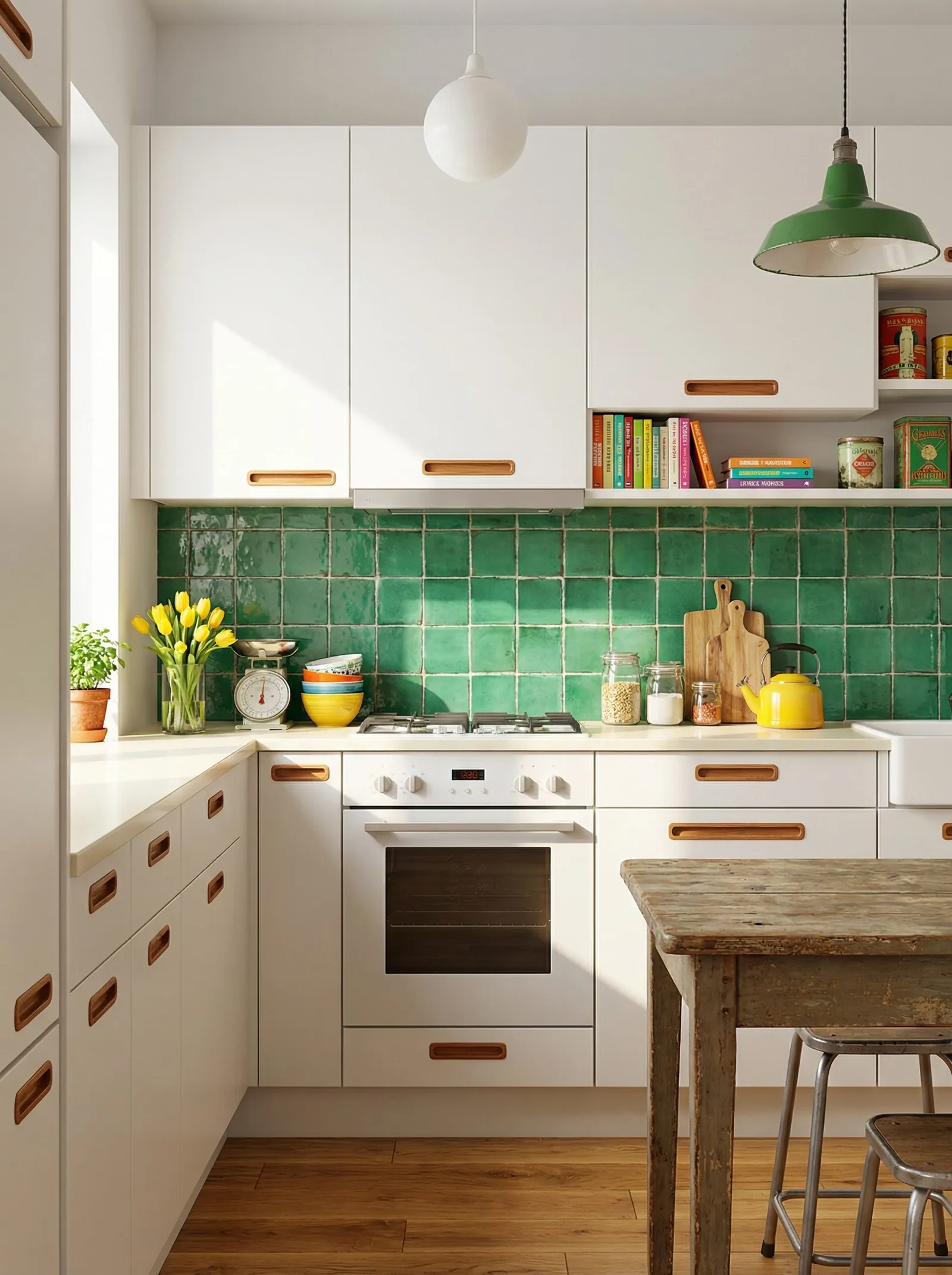 Kitchen with plain white cabinets and recessed timber finger pulls, a glossy uneven emerald green tile splashback, a cream worktop, a green enamel factory pendant, a white globe pendant, a yellow stovetop kettle, mechanical scales, stacked yellow and orange bowls, vintage tins and colourful paperbacks on a shelf, and a stripped pine table with metal stools.