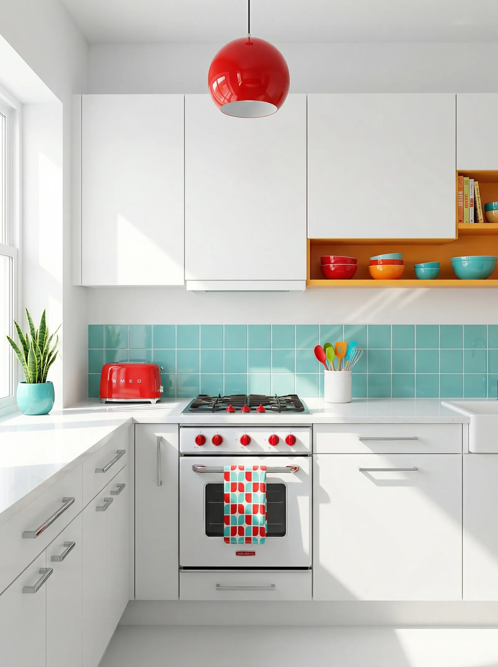 White gloss slab cabinet doors with chrome bar handles, turquoise square gloss tile splashback, white quartz worktop, an open shelf box lined in orange holding red and turquoise bowls, a red glass globe pendant, a red Smeg toaster, a white oven with red knobs.