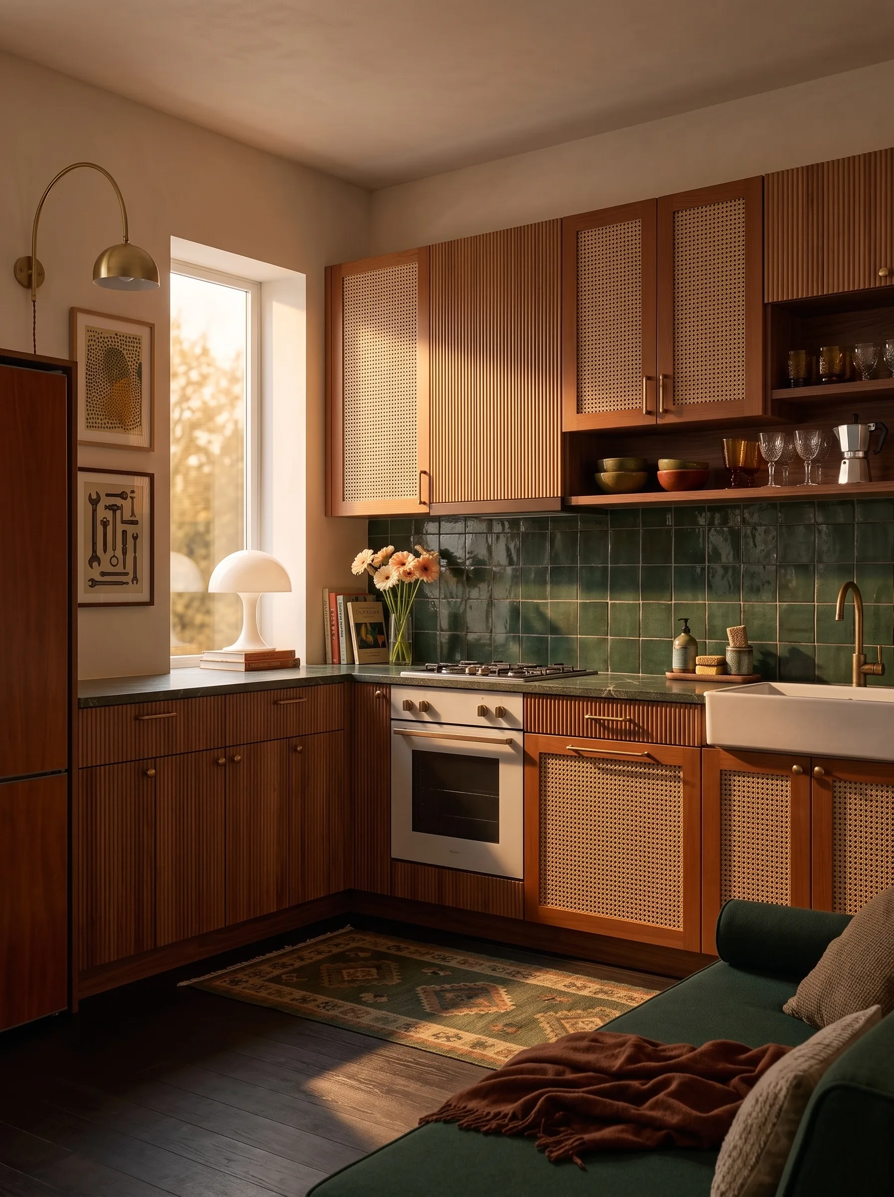 Boho kitchen at dusk with cane-front cherry wood cabinets, green zellige tile, brass fittings and a green sofa bench at a dining nook