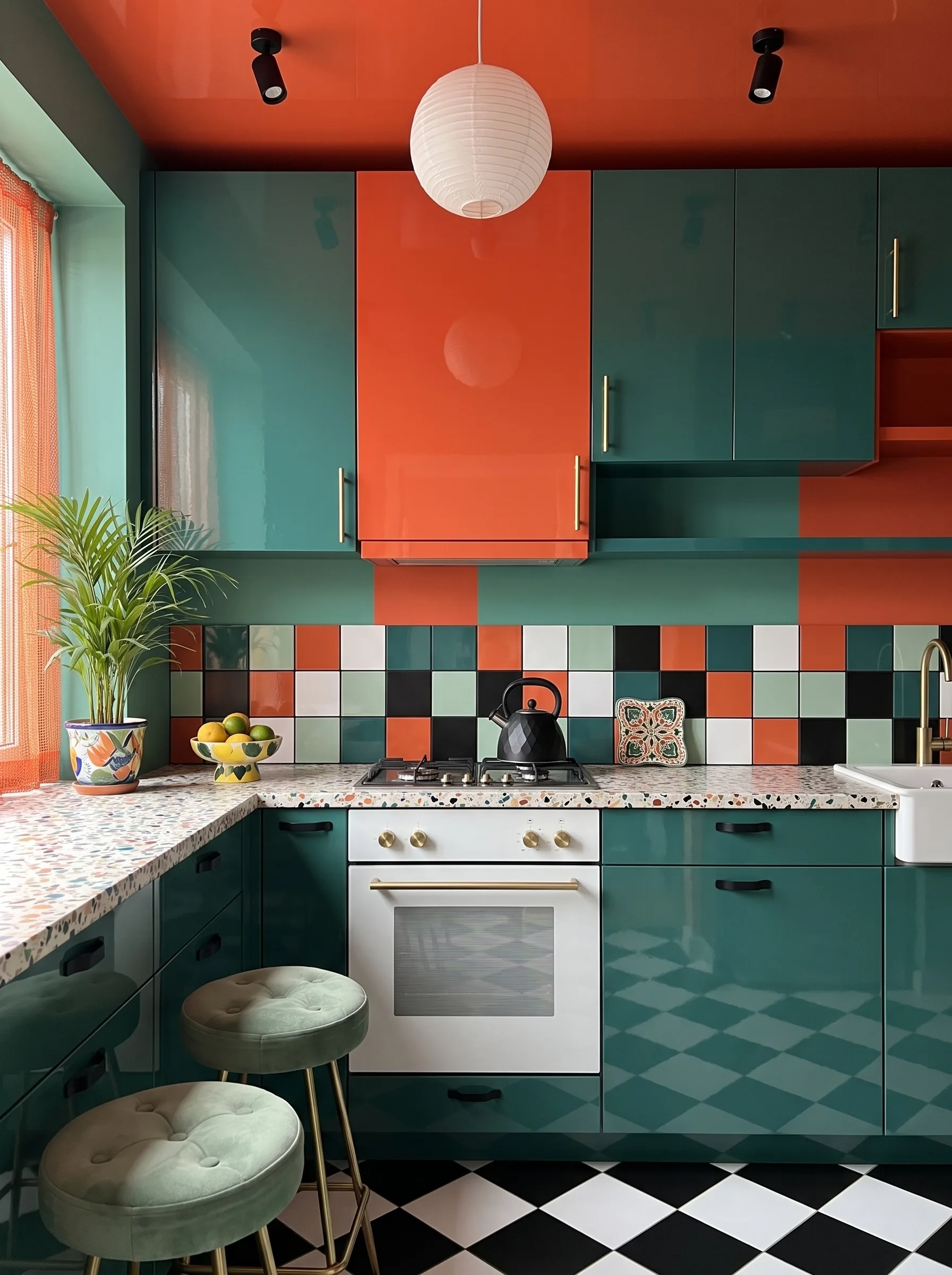Colour block kitchen with glossy teal cabinets, tomato red accents, a multicolour checked tile splashback, a terrazzo worktop and a checkerboard floor