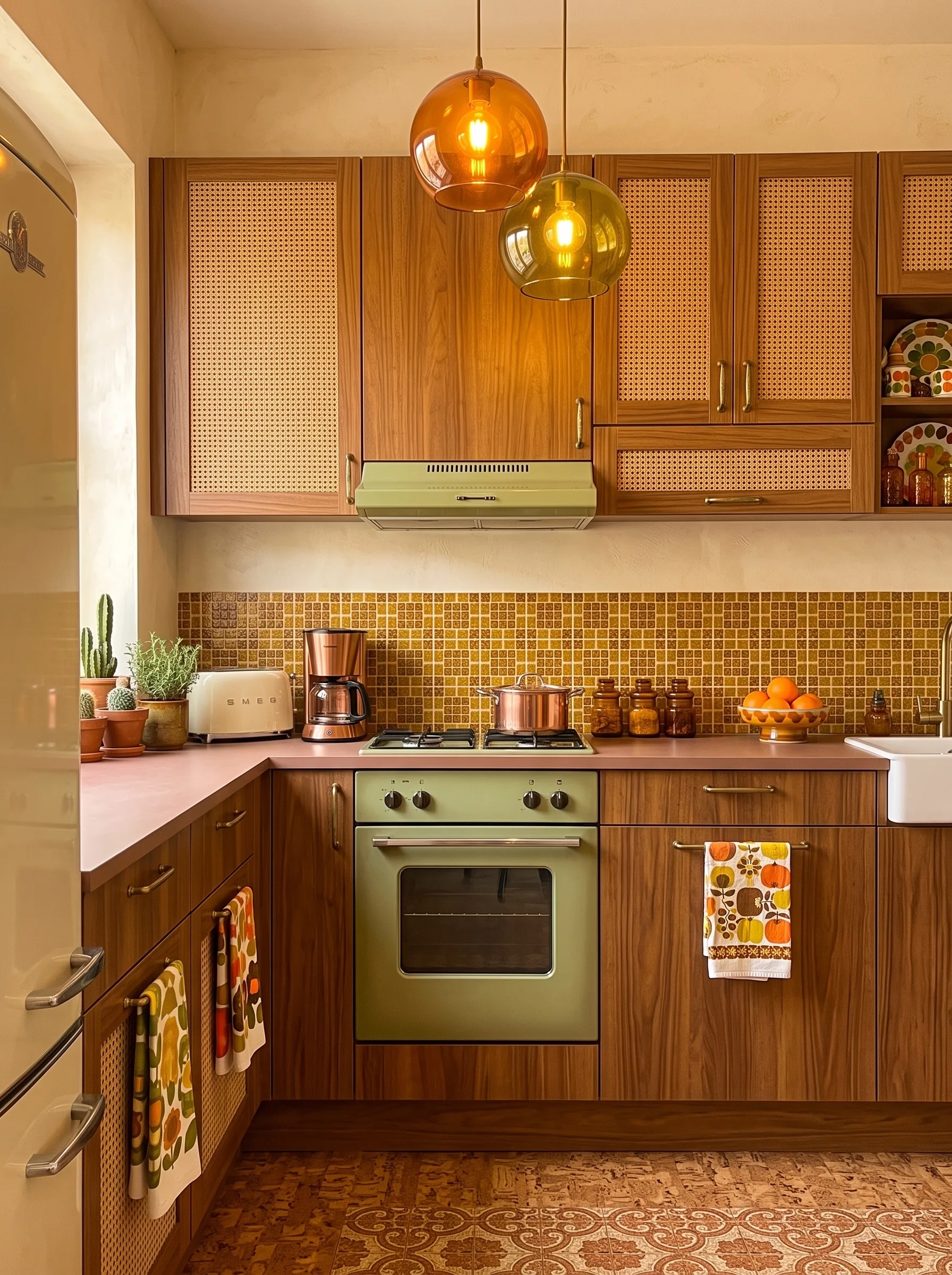 Seventies kitchen with walnut and cane cabinet fronts, an avocado green wall oven and hood, a mustard mosaic tile splashback, amber glass globe pendants and a cream retro fridge