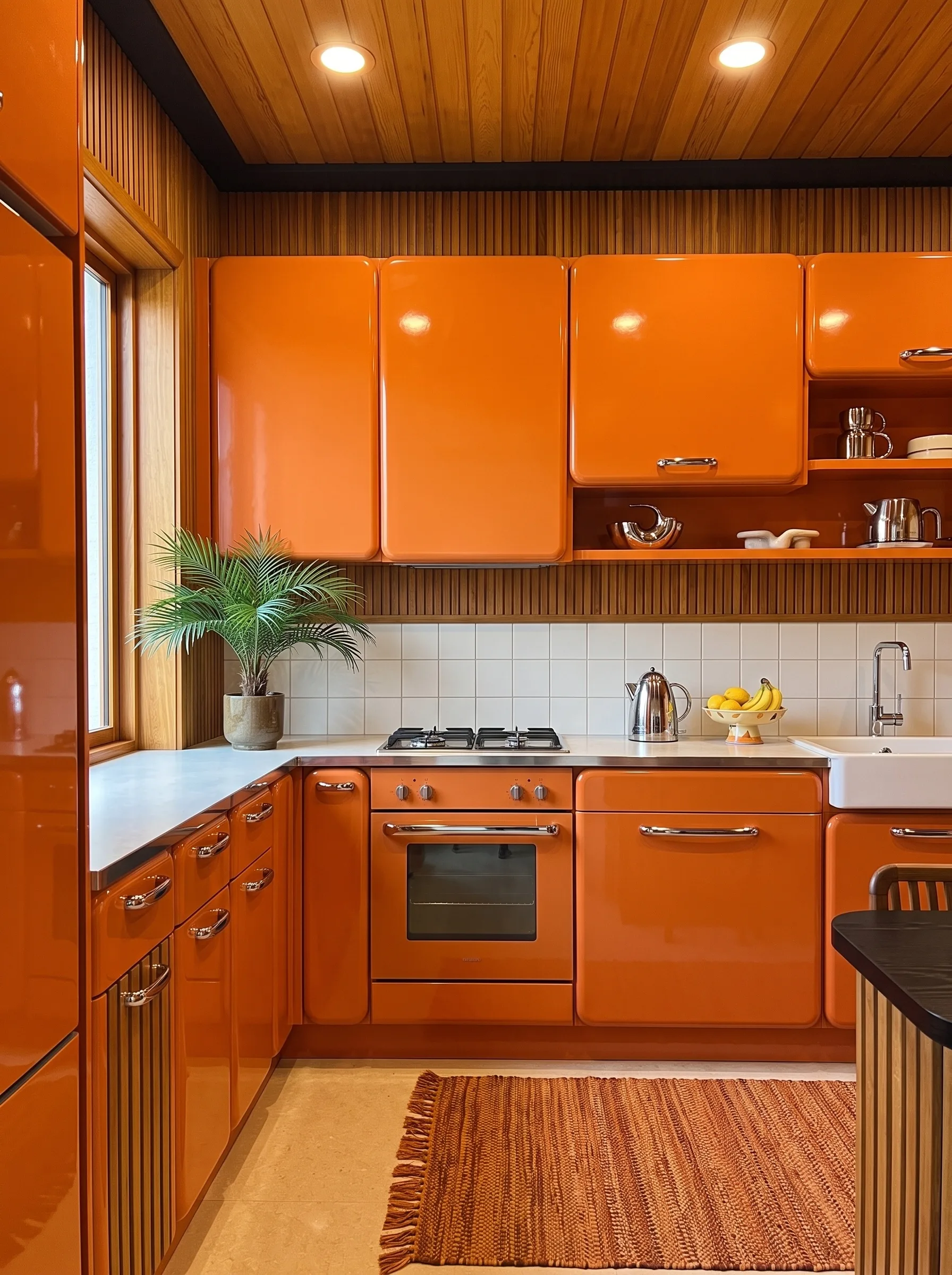 Space-age kitchen with glossy orange curved cabinet fronts, wood slat walls, a white worktop and rounded pod-like forms