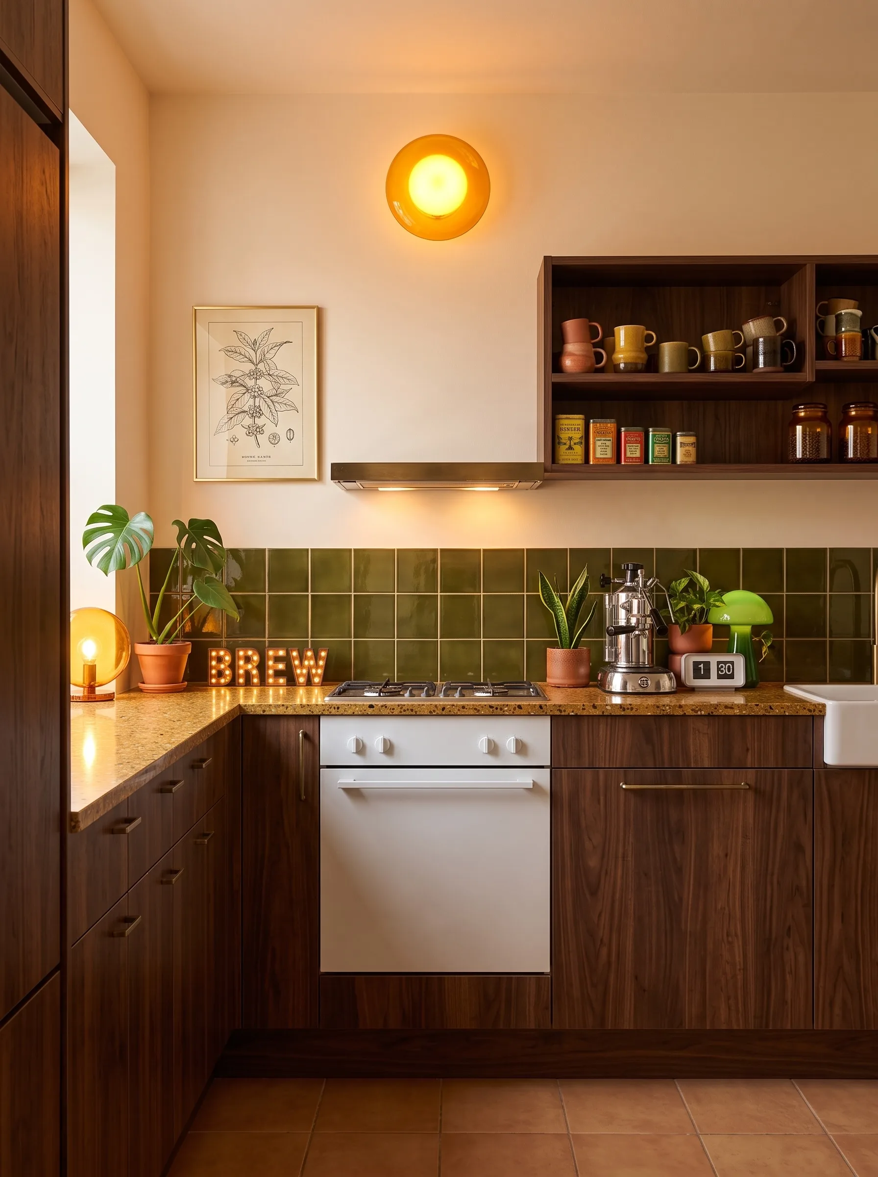Kitchen with walnut cabinets, olive green square tile, a gold-flecked terrazzo worktop, a lit BREW marquee sign, a mushroom lamp and a flip clock