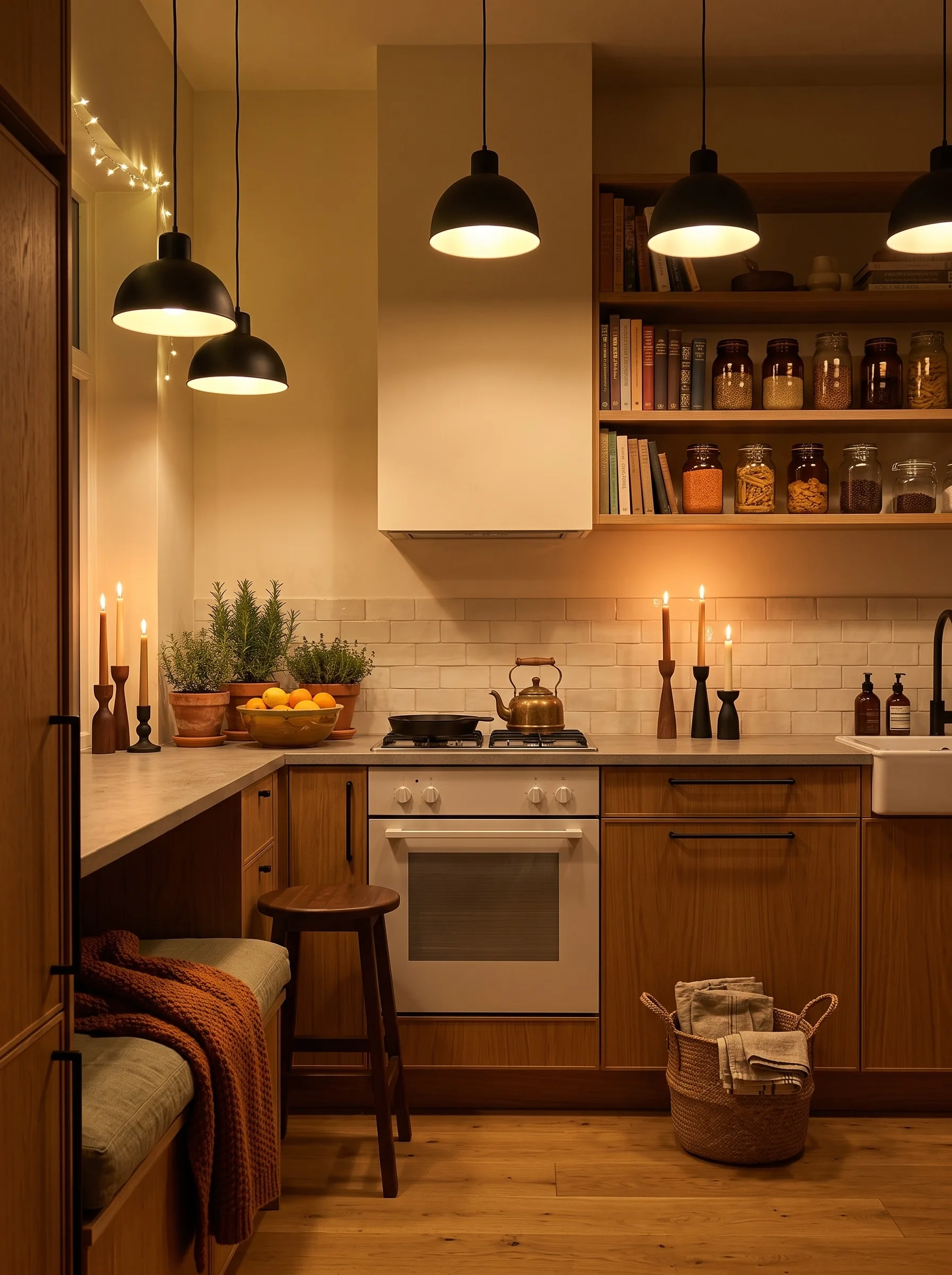Cottage kitchen at night with oak cabinets, cream subway tile, open shelves of jars, black pendants, lit candles on the counter and a bench with a knit throw
