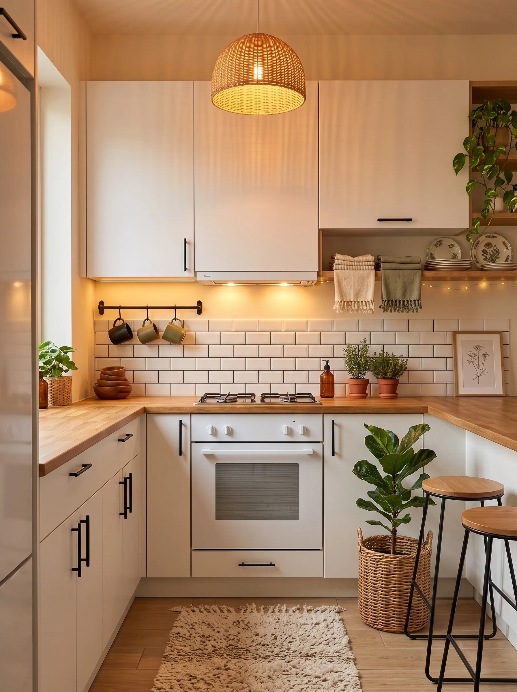 Small boho kitchenette with cream cabinets, a butcher-block worktop, white subway tile, a rattan pendant, string lights, plants and wooden stools