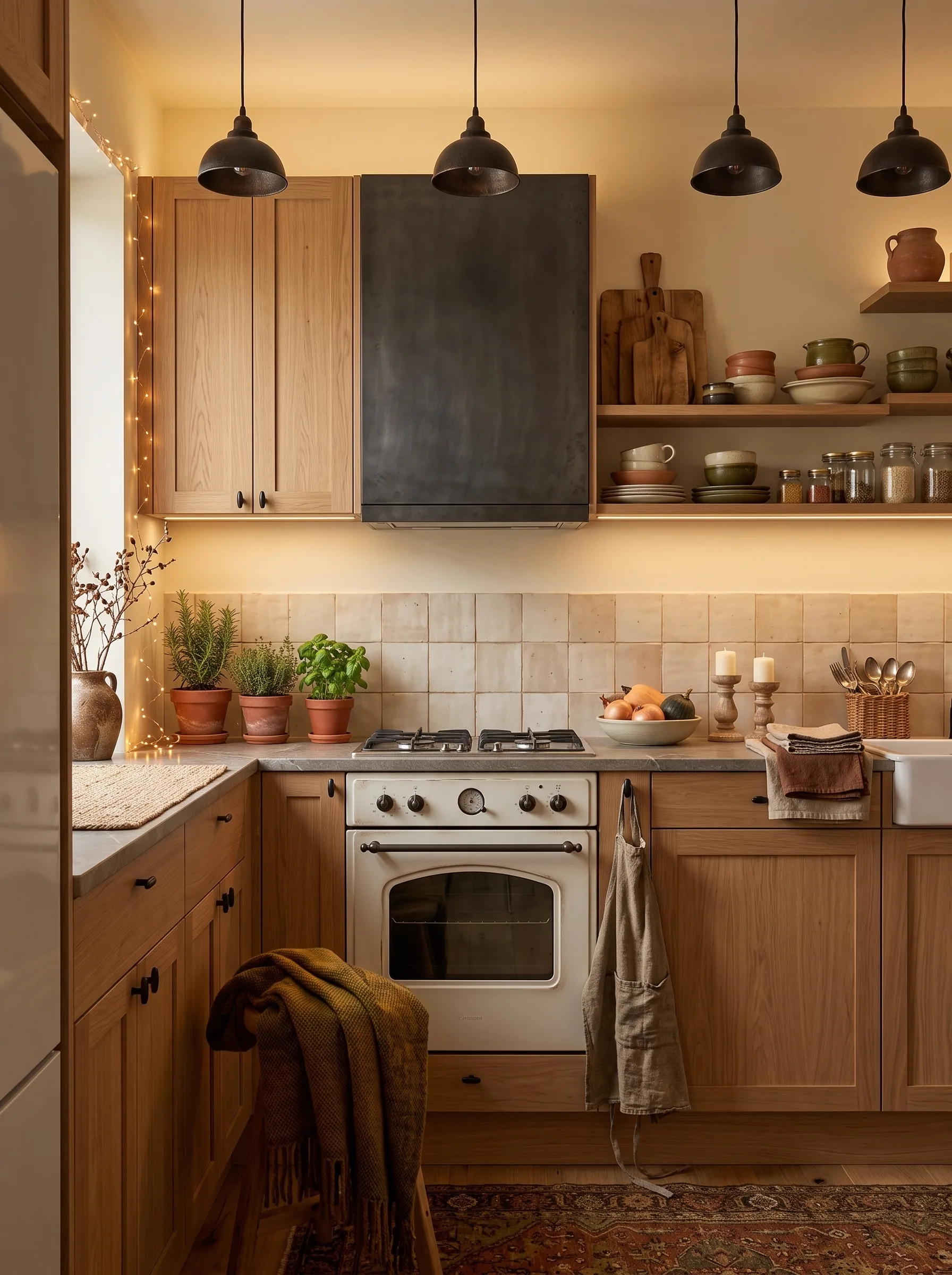 Farmhouse kitchen with oak shaker cabinets, a black extractor hood, a stone worktop, terracotta tile behind the hob, candles, autumn produce and an oak island