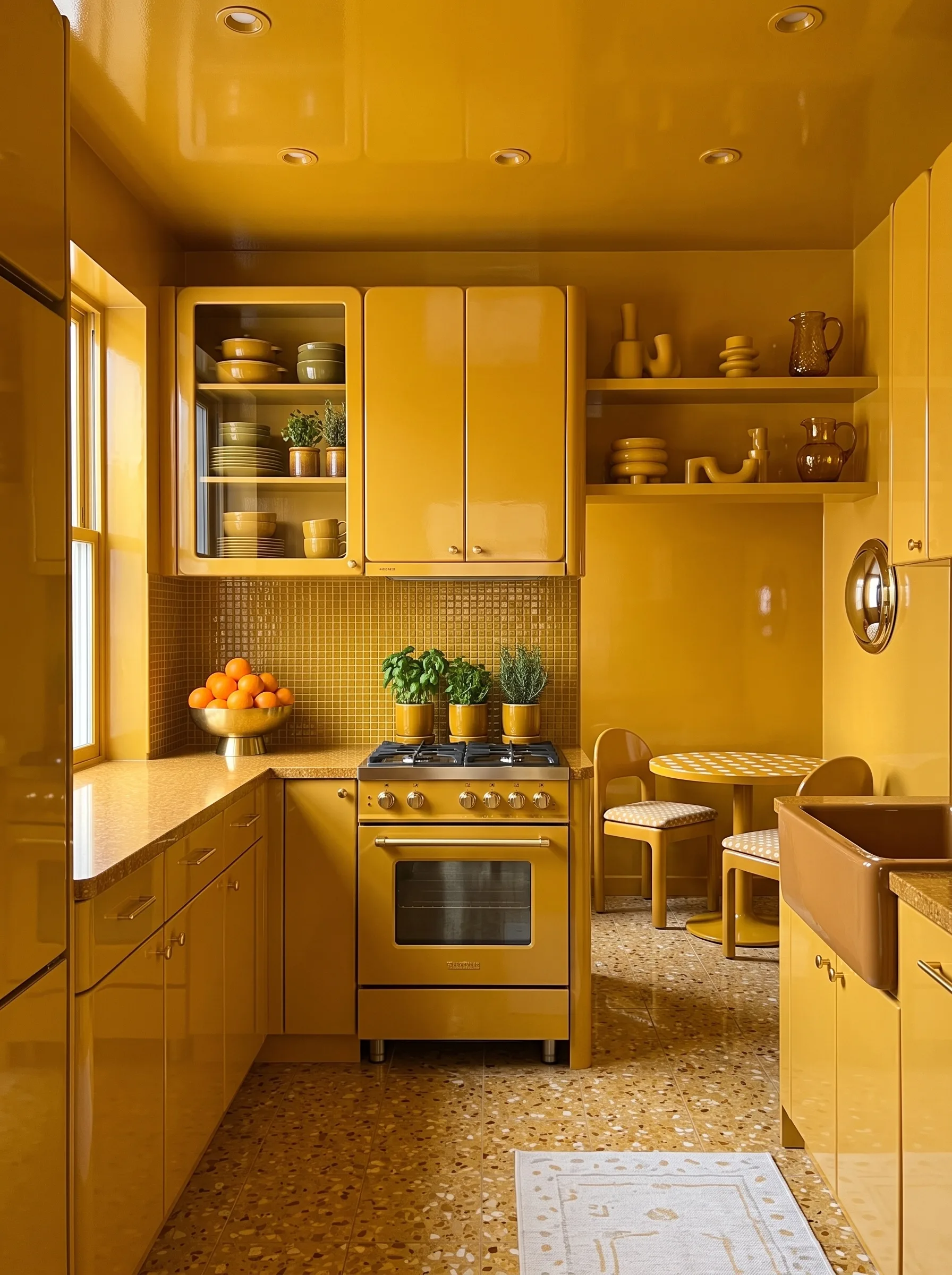 Monochrome kitchen with glossy mustard yellow cabinets, walls and shelving, a terrazzo floor and chrome fittings