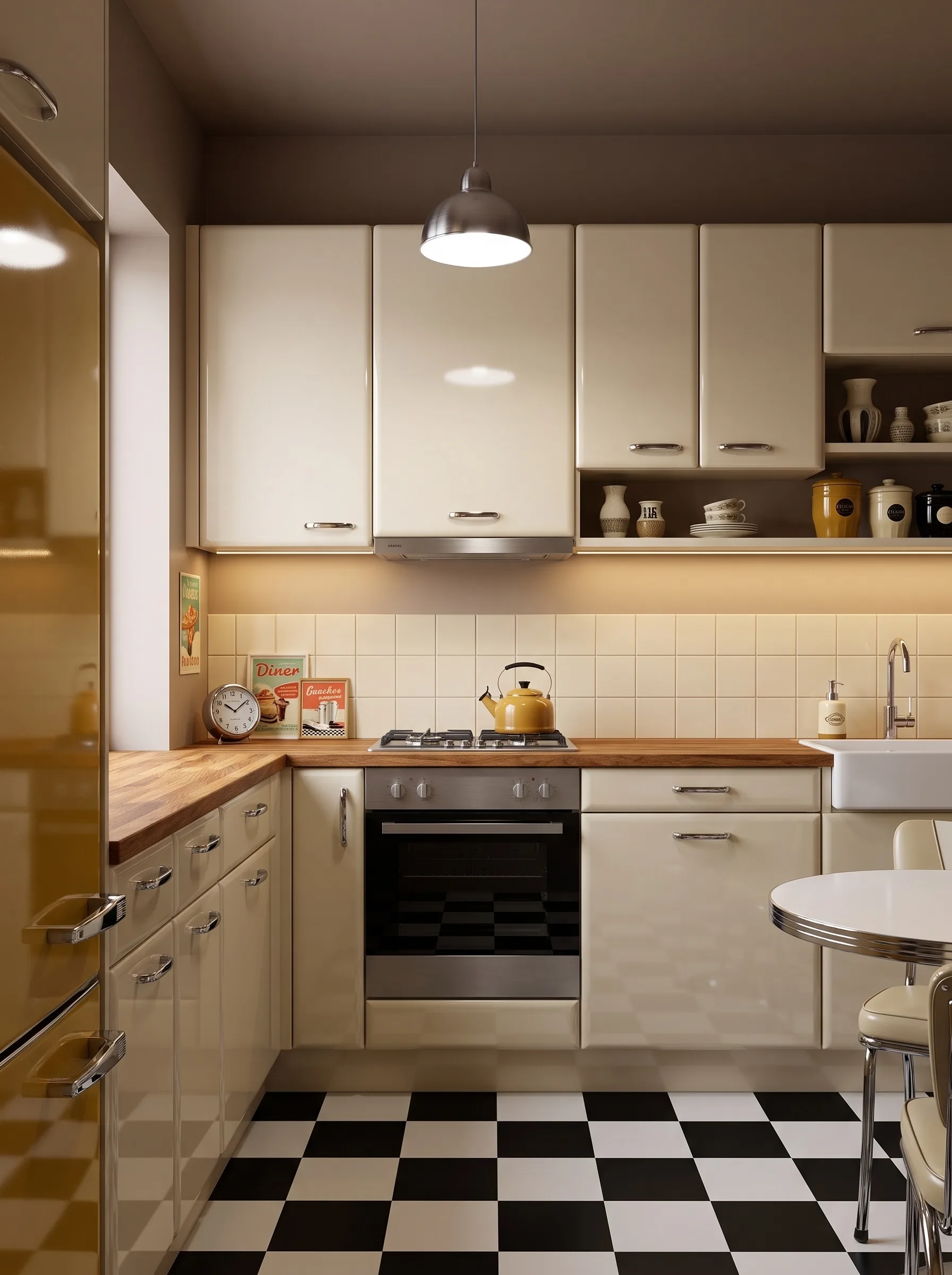 Diner-style kitchen with cream gloss cabinets, chrome handles, a black and white checkerboard floor, a chrome-banded diner table, a yellow fridge and framed diner prints