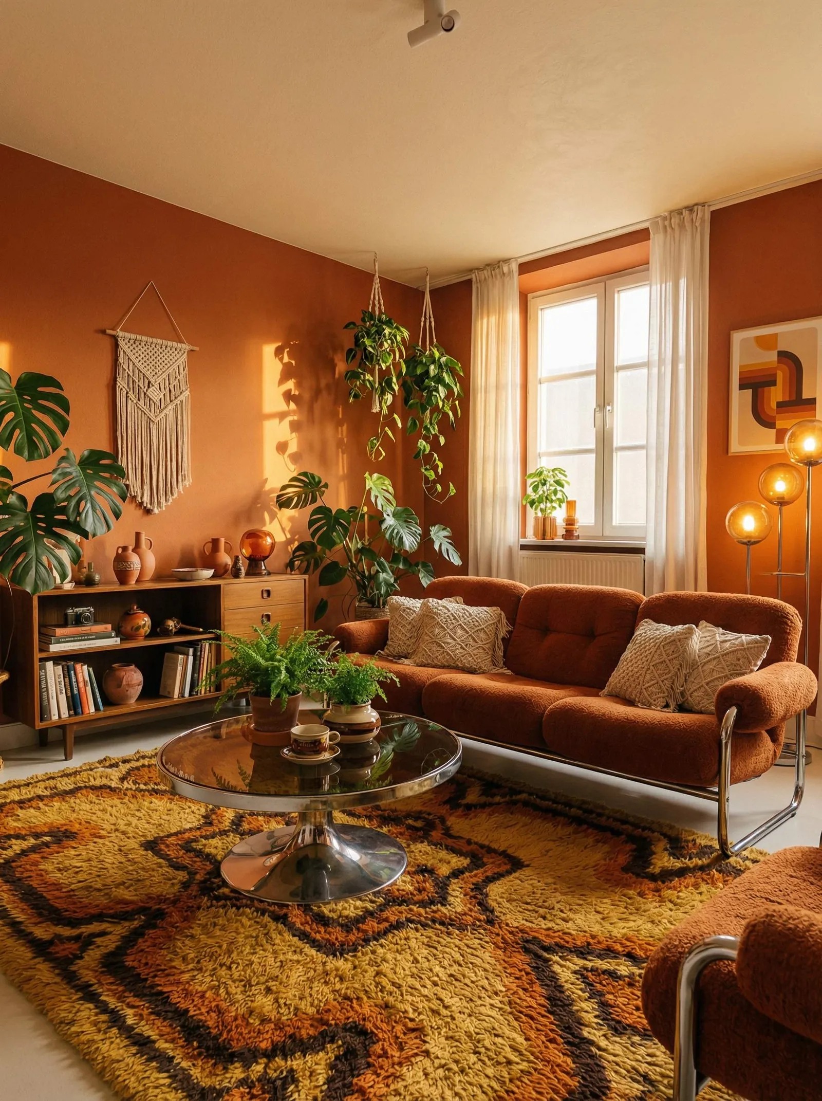 The room in warm terracotta with a rust boucle sofa, a round chrome tulip coffee table with a smoked-glass top, a yellow and brown geometric shag rug, a teak credenza on the left holding pottery and books, a macrame wall hanging, hanging and potted plants, and the tall window on the right behind sheer white curtains.