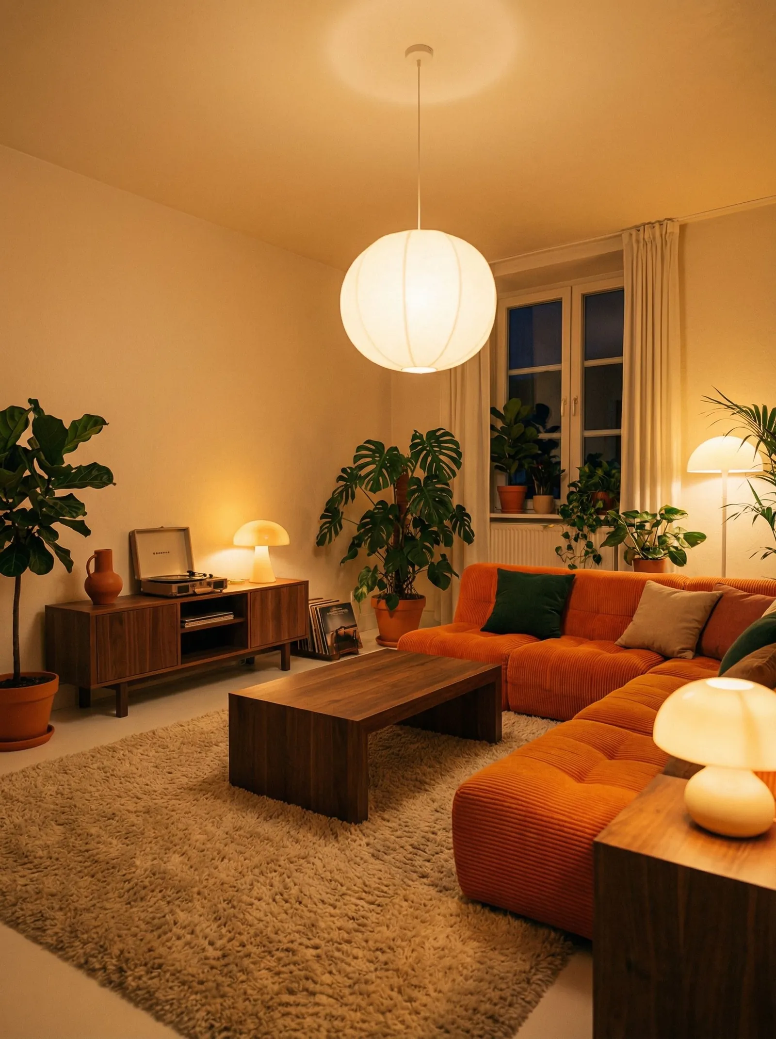 A warm night scene with cream walls, a large white paper globe pendant, a burnt-orange corduroy sectional with green and neutral cushions, a solid walnut coffee table, a walnut console on the left holding a turntable and records, a cream shag rug, glowing mushroom table lamps, and many plants including a fiddle-leaf fig, monstera and palms around the window.