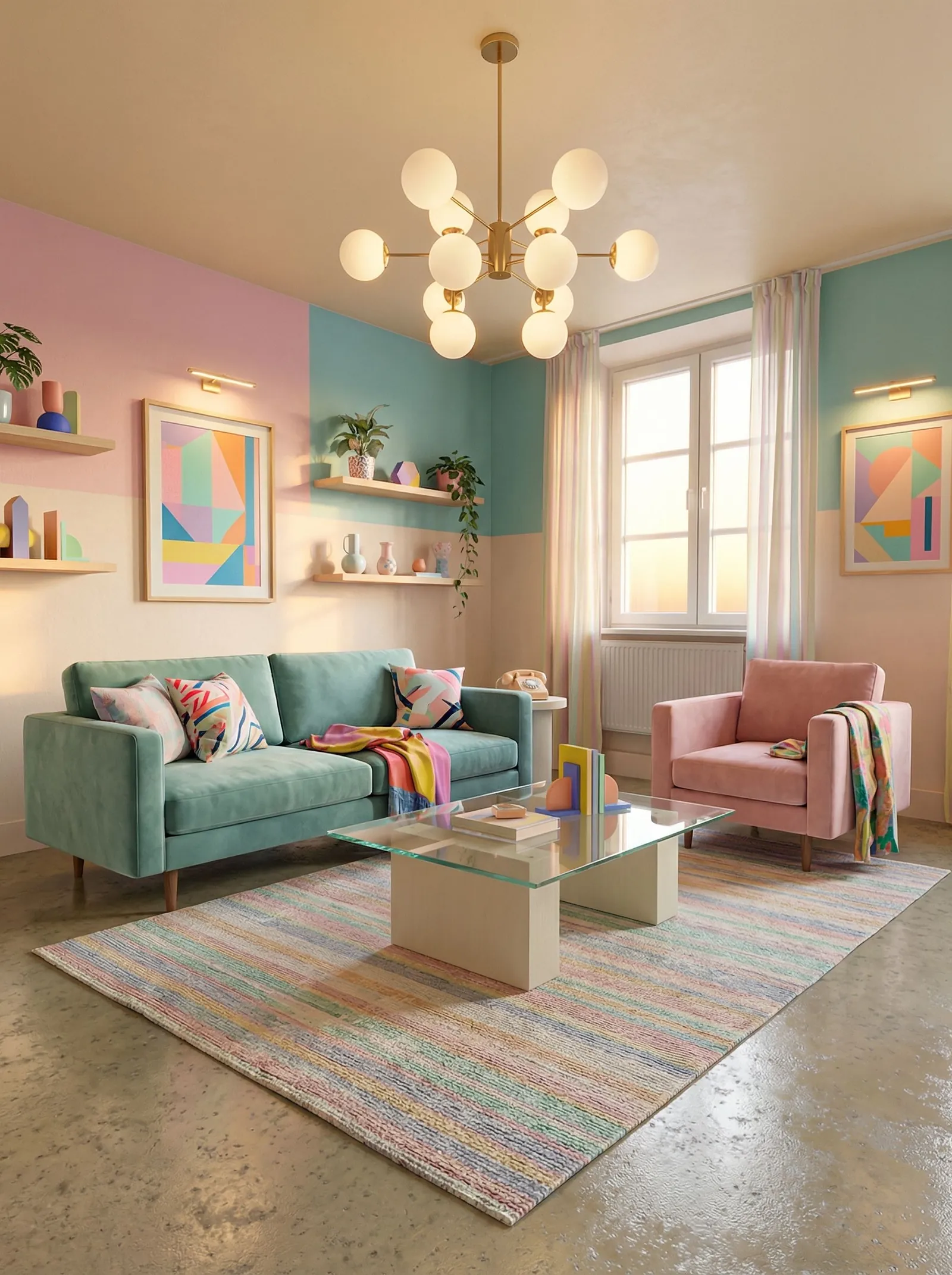 Living room with colour-blocked pink and teal walls, floating light-wood shelves holding geometric ceramic vases and plants, two framed geometric prints, a brass sputnik chandelier with white glass globes, a sage velvet sofa with graphic cushions and a multicolour throw, a dusty-pink velvet armchair, a beige cube-base glass coffee table and a pastel striped rug on a polished concrete floor. Candy-striped curtains at one tall window on the right.