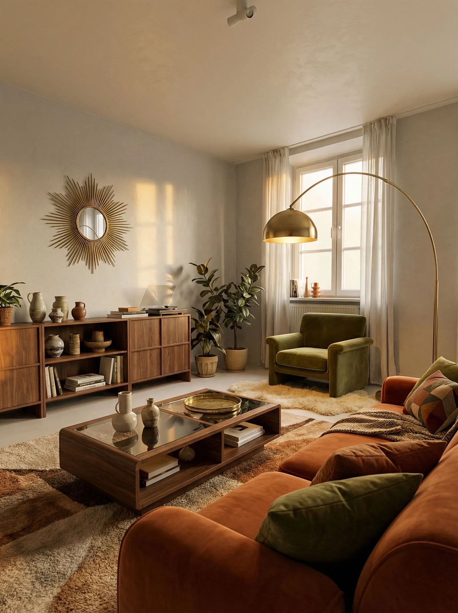 Warm dim living room with a rust velvet sectional sofa with olive-green cushions and a knit throw, an olive velvet armchair on a sheepskin by the window, a walnut credenza and open bookcase full of studio pottery and books, a brass sunburst mirror, a large brass arc floor lamp with a dome shade, a glass-top walnut coffee table and a caramel shag rug. One tall window on the right.