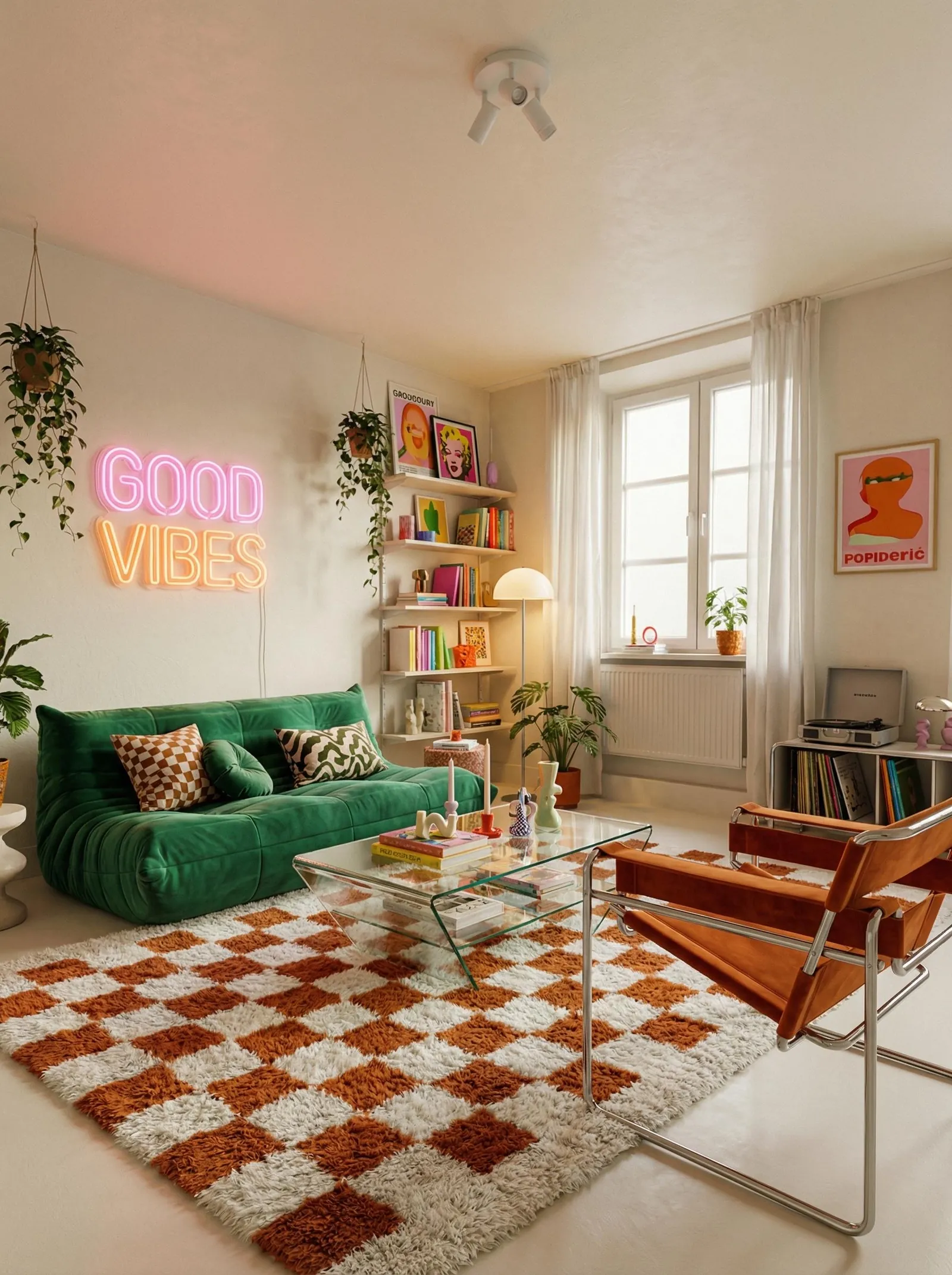 Cream-walled living room with a pink and orange GOOD VIBES neon sign, an emerald-green Togo-style tufted floor sofa with checkerboard cushions, white stepped shelves full of rainbow paperbacks and pop-art posters including a Warhol Marilyn, a tan leather and chrome Wassily-style chair, a rust and cream checkerboard shag rug, a curved glass coffee table and a record console under the window on the right.