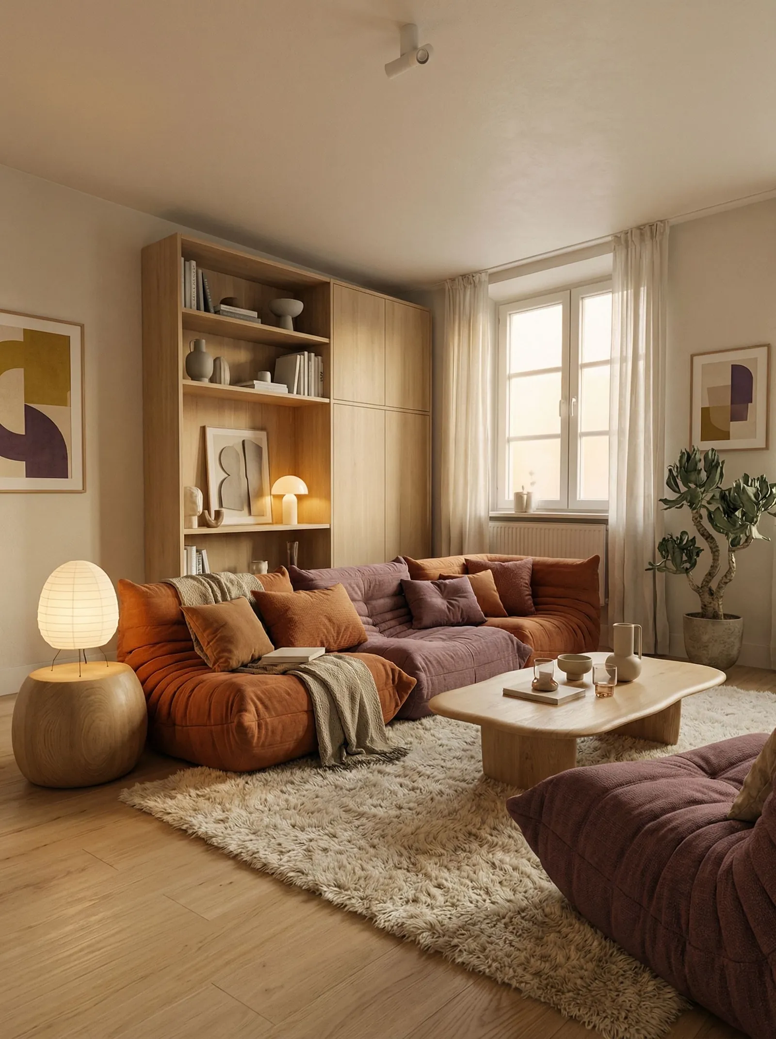 Low modular tufted sofas in rust and mauve against an oak built-in shelving wall, a Noguchi-style paper table lamp on a round wood stump, a shaggy cream rug, a pale wood kidney coffee table, and a potted tree by the corner window.