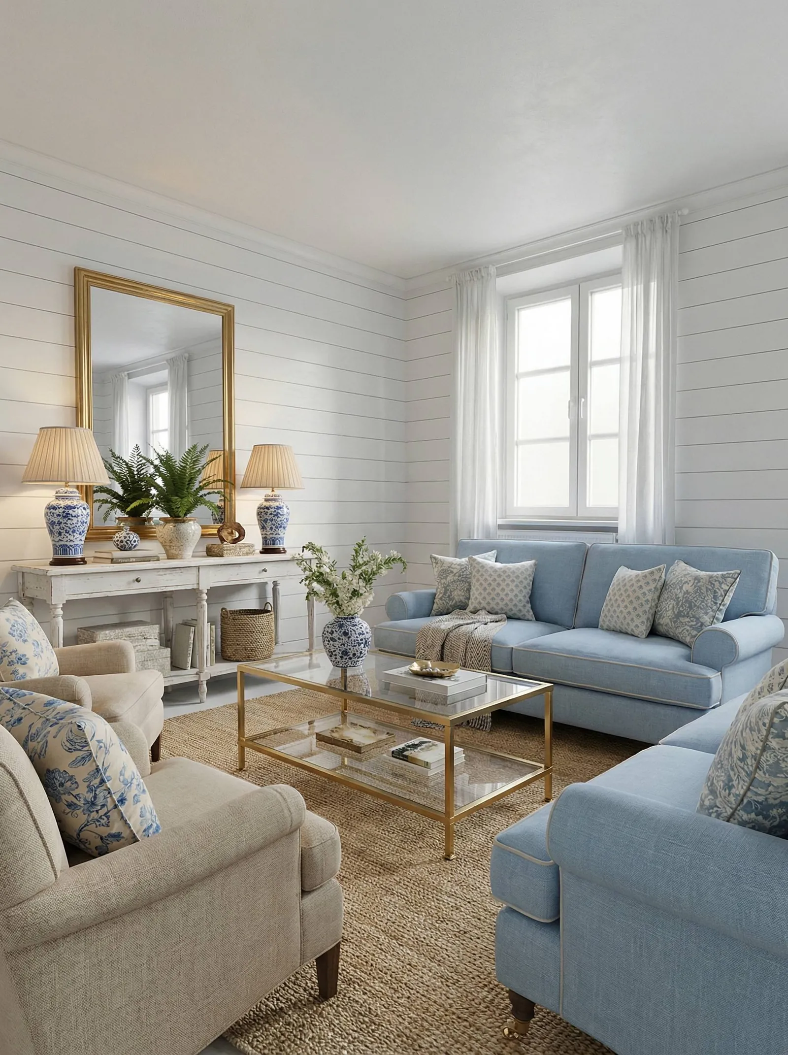 A bright room with white shiplap walls, a light-blue linen roll-arm sofa and a matching loveseat, cream armchairs with blue-and-white floral cushions, a distressed white console on the left wall under a large gold-framed mirror, blue-and-white ginger jar lamps, ferns and woven baskets, a brass-and-glass coffee table on a jute rug, one tall window on the right with sheer curtains and a radiator, light wood floor.