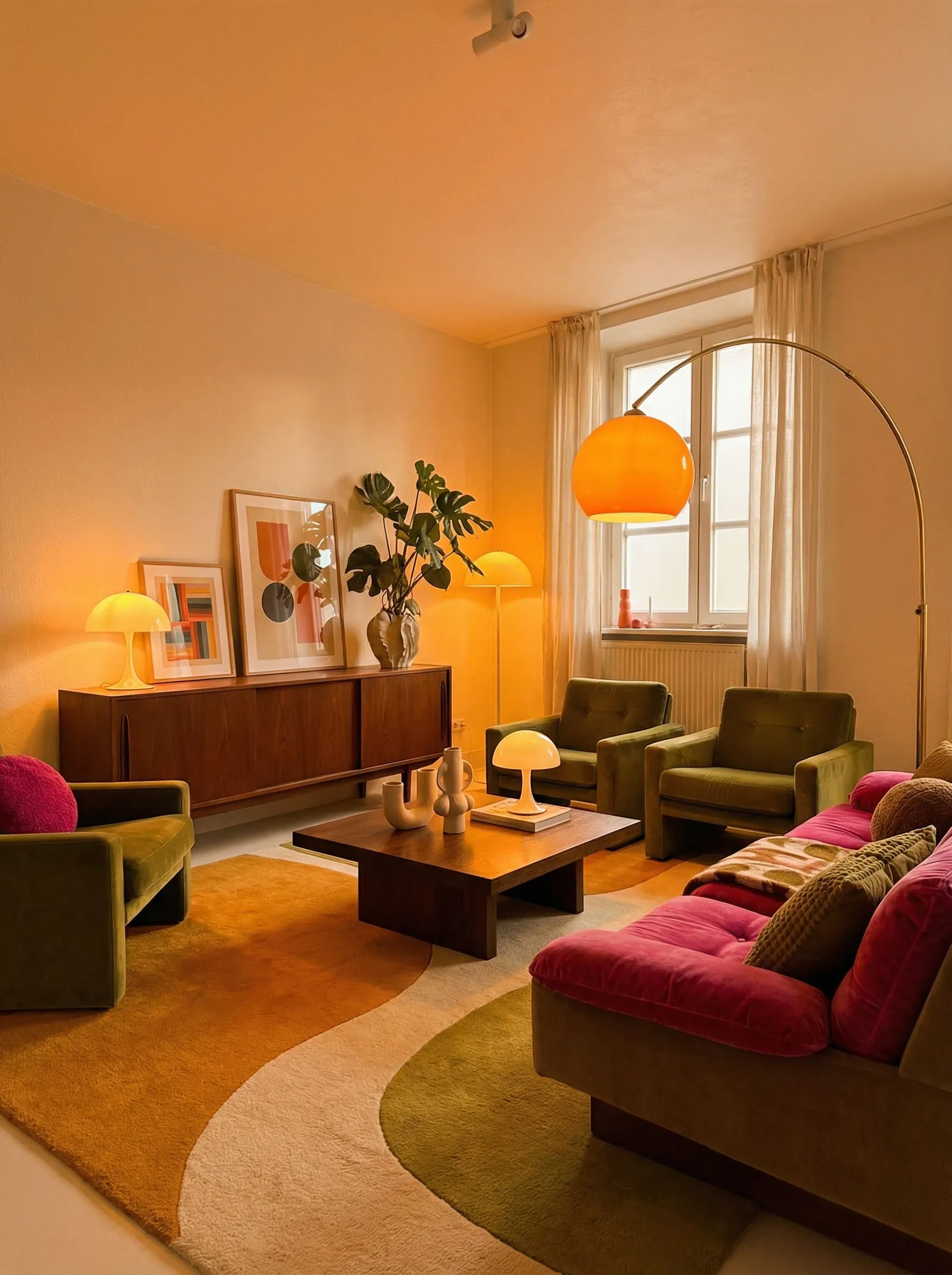 The same room in a 1970s palette, a magenta velvet tufted sofa, two olive-green velvet armchairs, a teak sideboard on the left with mushroom lamps and leaning abstract prints, a chrome arc floor lamp with an orange globe shade, a low square walnut coffee table, and a swirling wave-pattern rug in mustard, cream and olive by the tall right-hand window.