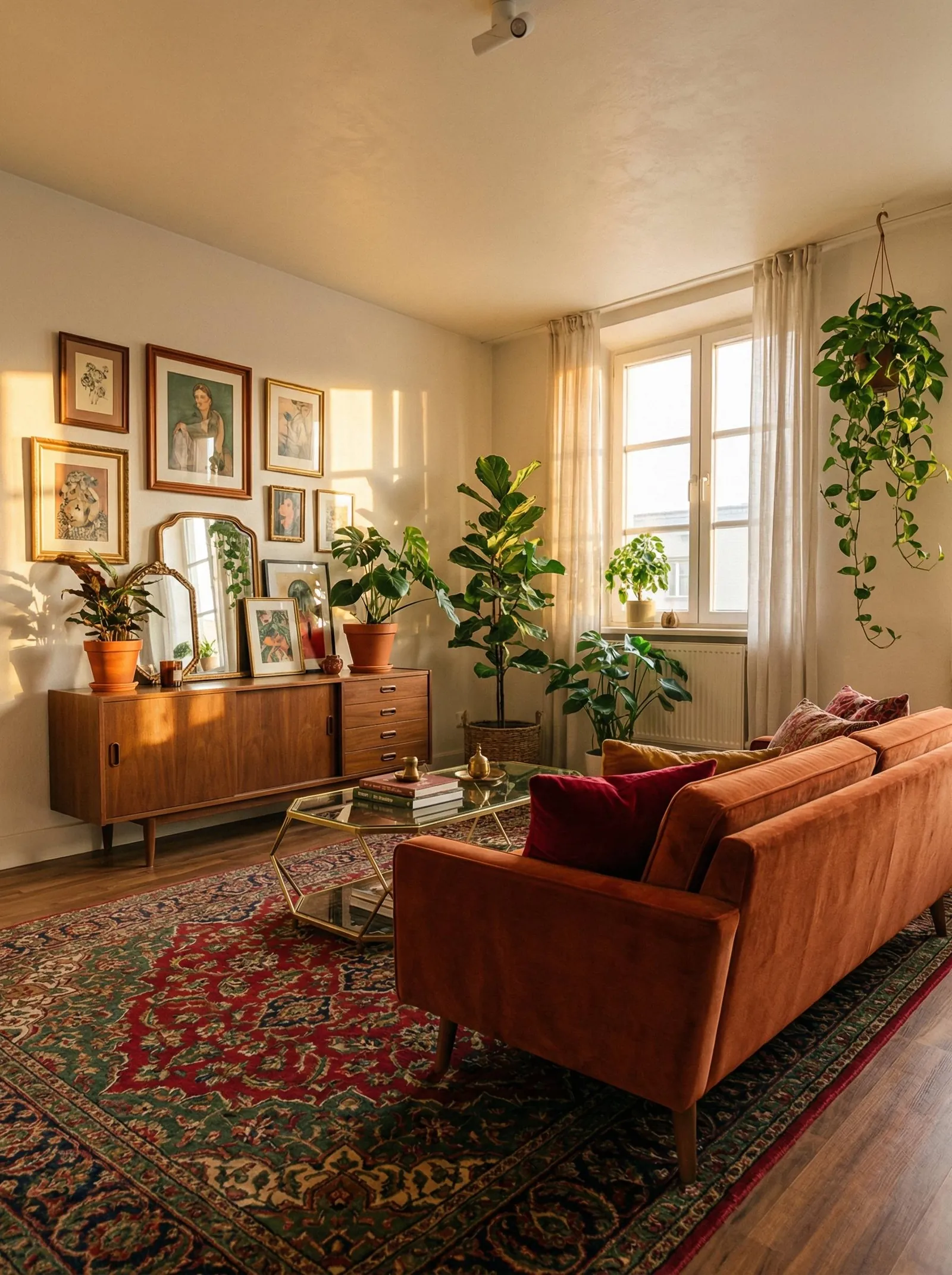 The same living room with beige-white walls, a teak sideboard along the left wall under a dense gallery wall of framed art and a leaning mirror, a rust-orange velvet sofa with red and mustard cushions, a brass and glass hexagonal coffee table, a deep-red Persian rug, wood floor, and the tall right-hand window with sheer curtains, a radiator and a trailing pothos.